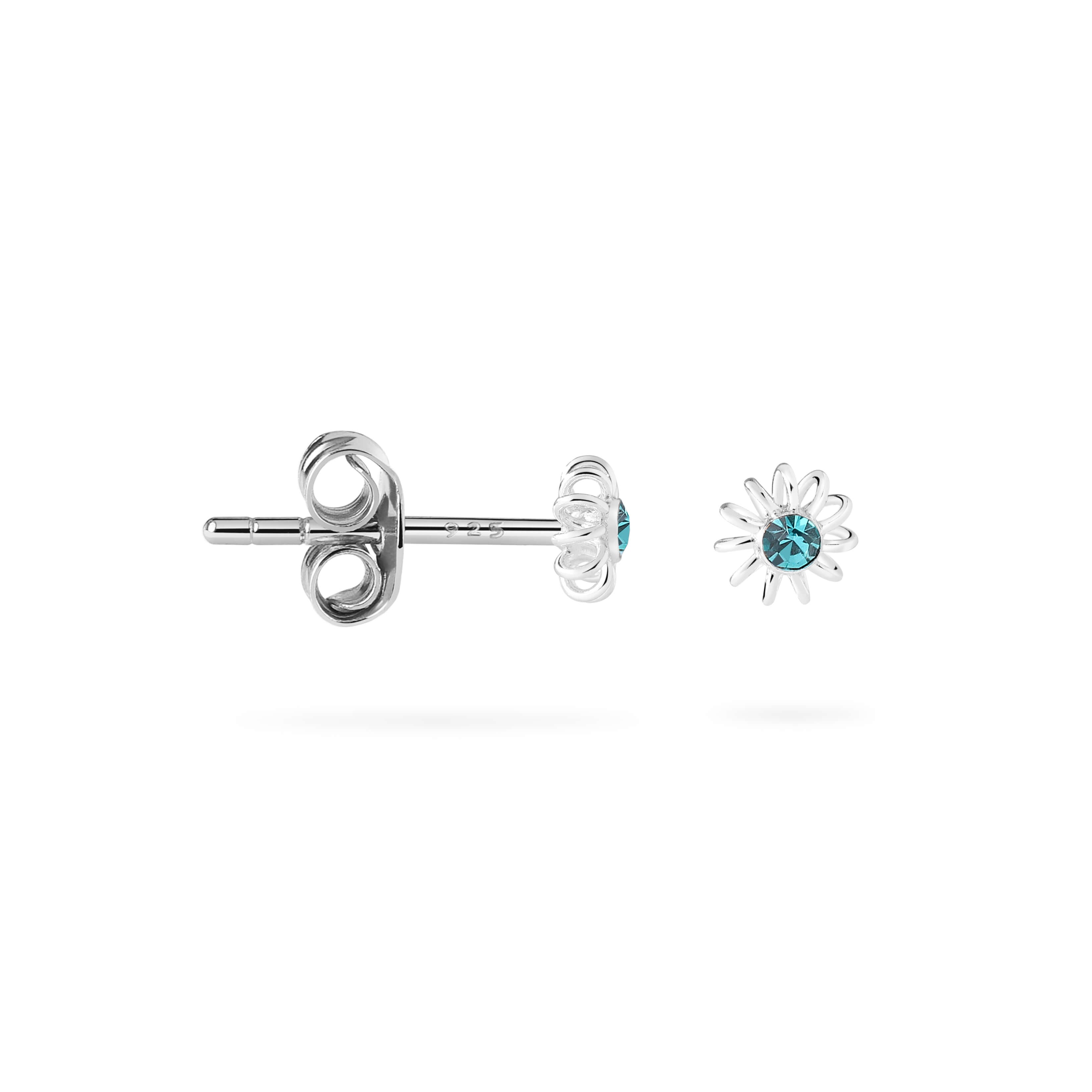 side view 925 silver flower ear stud with a blue zirconia heart