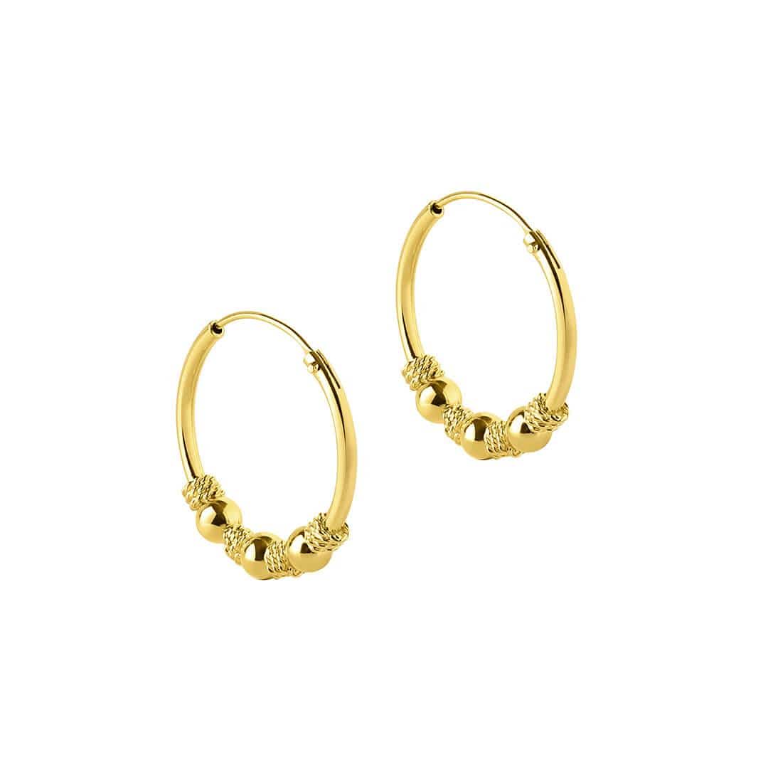 side view Gold plated Bali Hoop Earrings Changgu with three balls