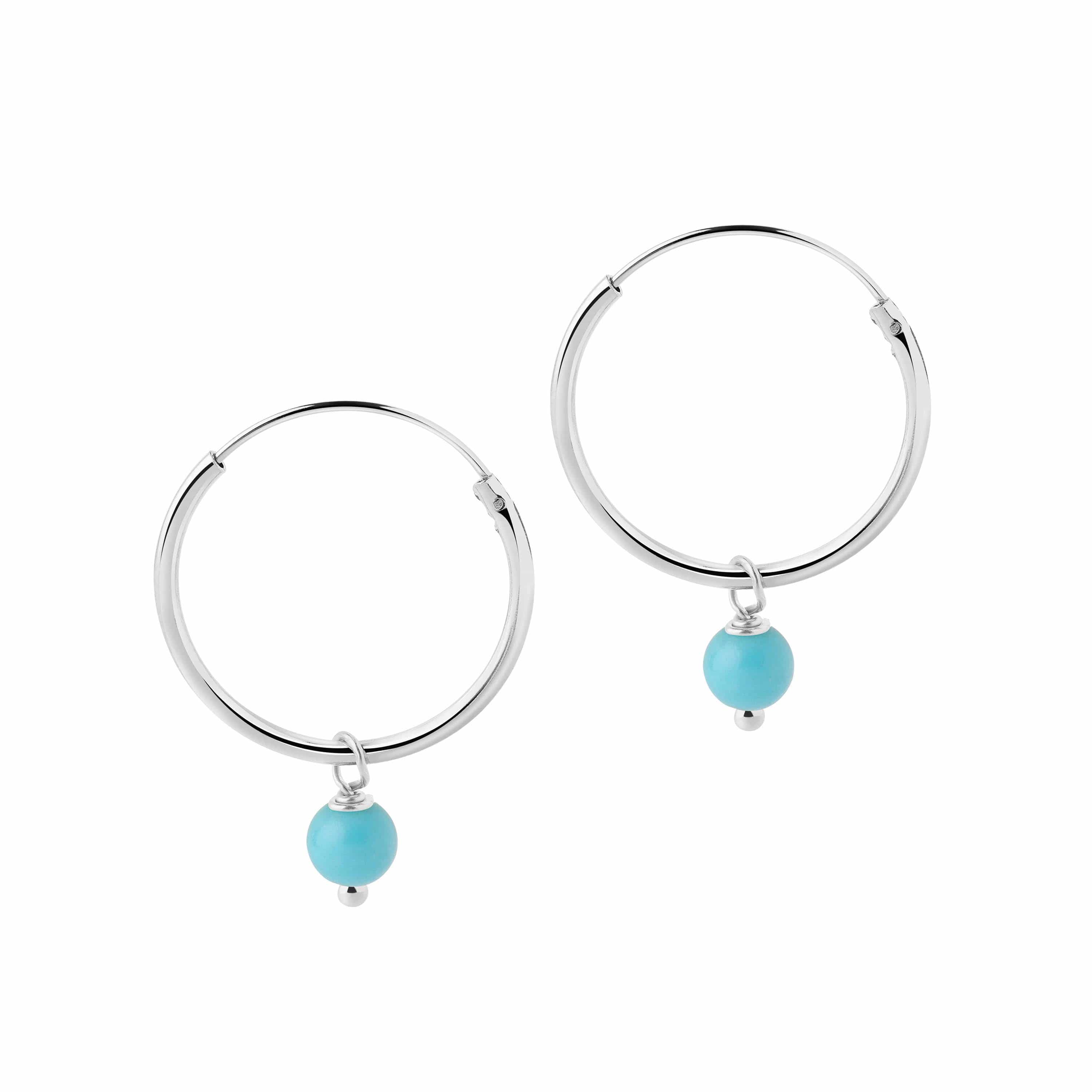 Silver Hoop Earrings with Turquoise Blue Stone