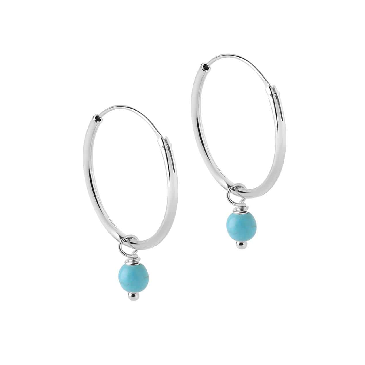side view 18mm Silver Hoop Earrings Turquoise Blue Stone