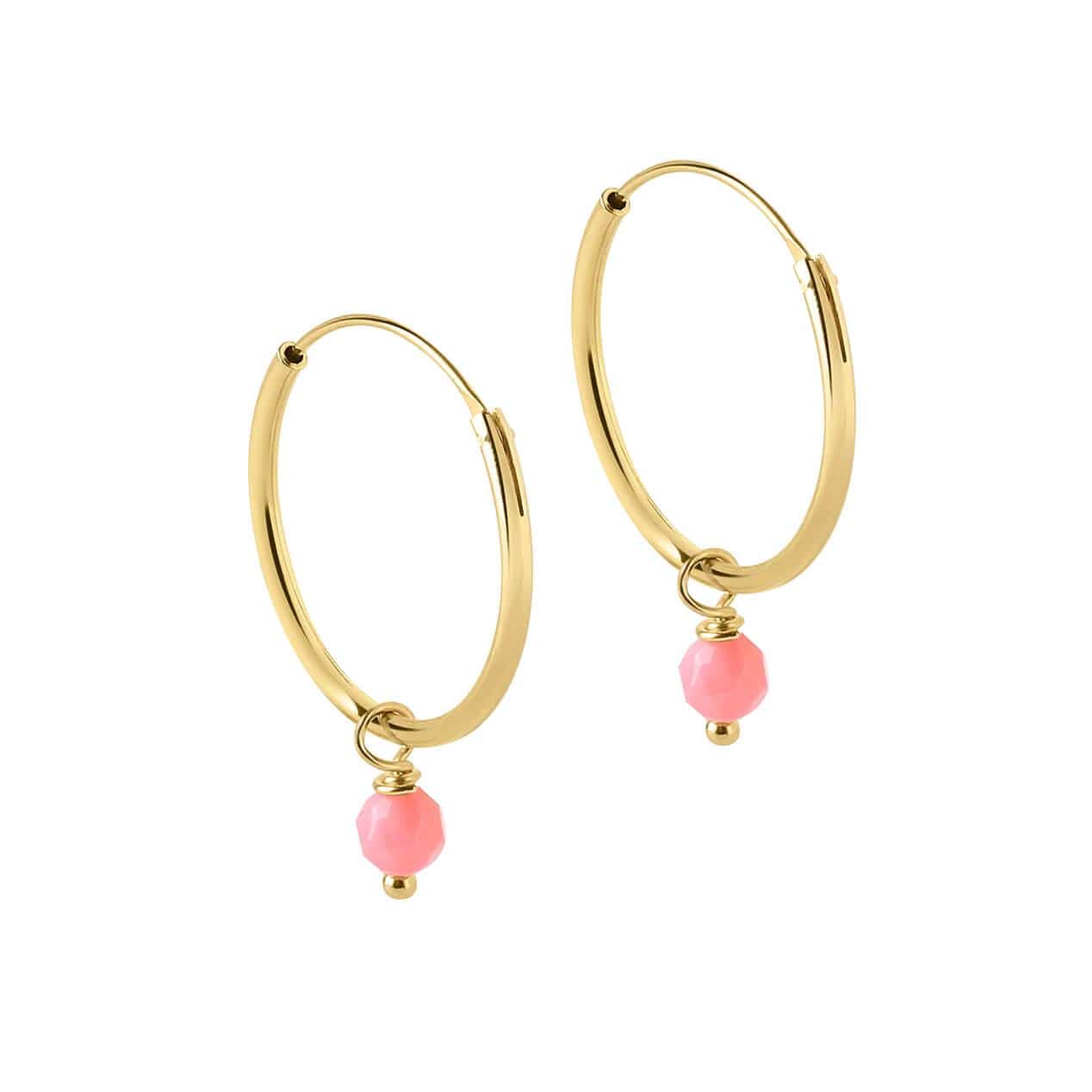 side view Gold Plated Hoop Earrings with Pink Stone