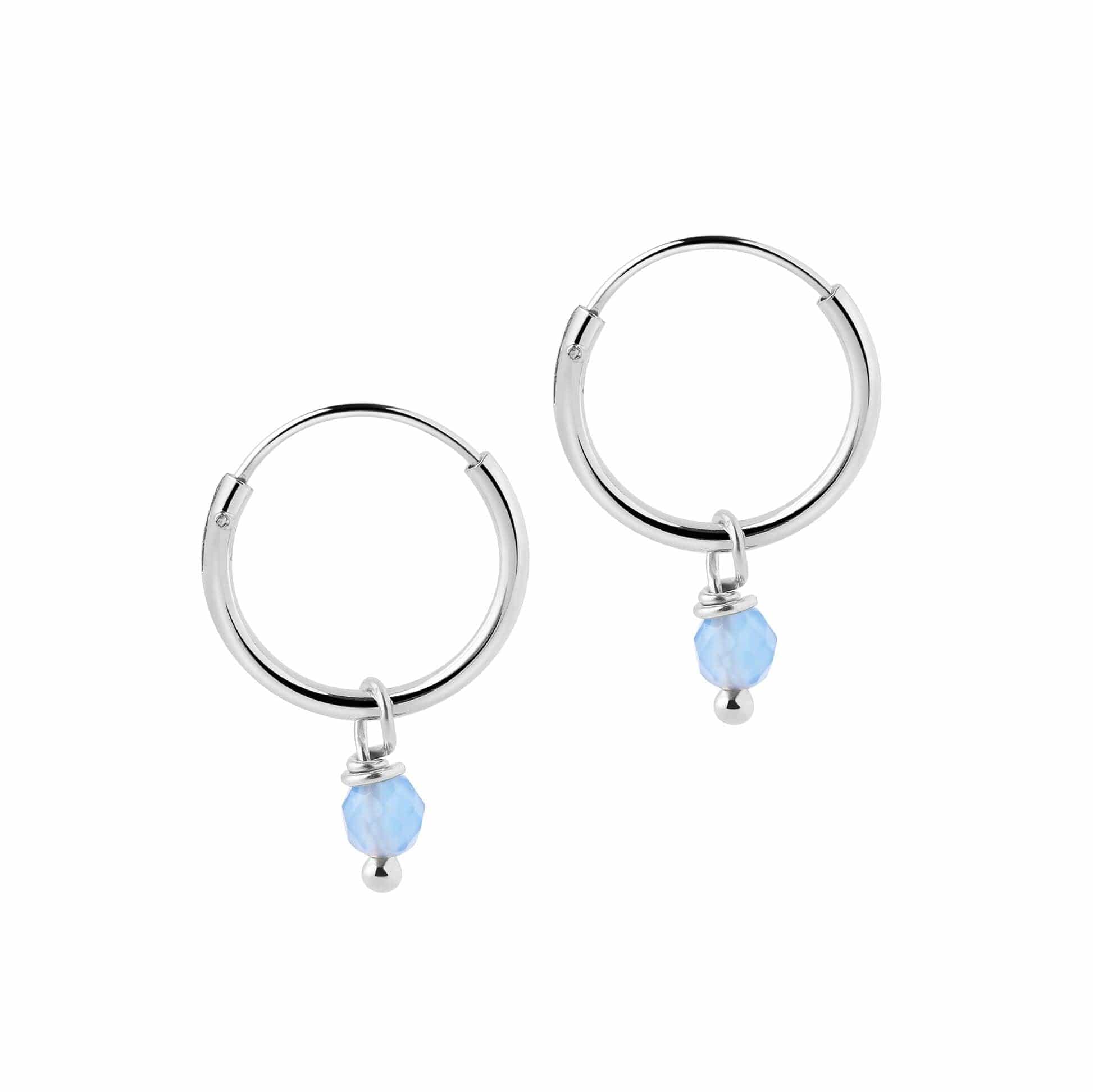 Small Silver Hoop Earrings with Blue Stone 12mm