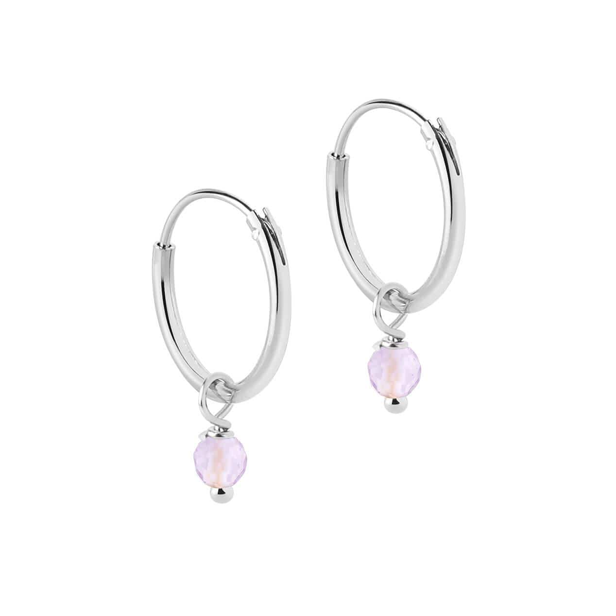 side view 12mm Silver Hoop Earrings with Purple Stone