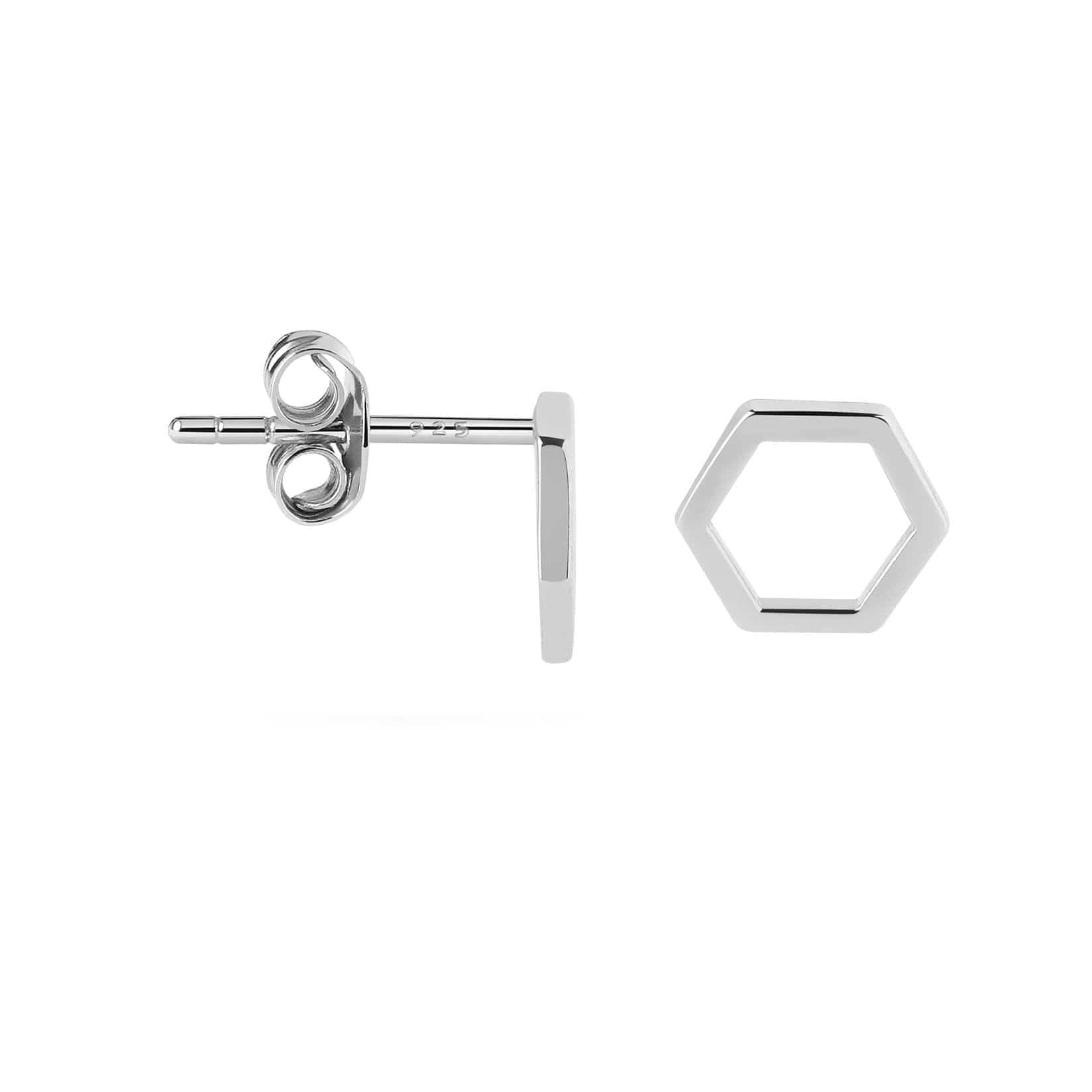 side view Silver stud earrings hexagon