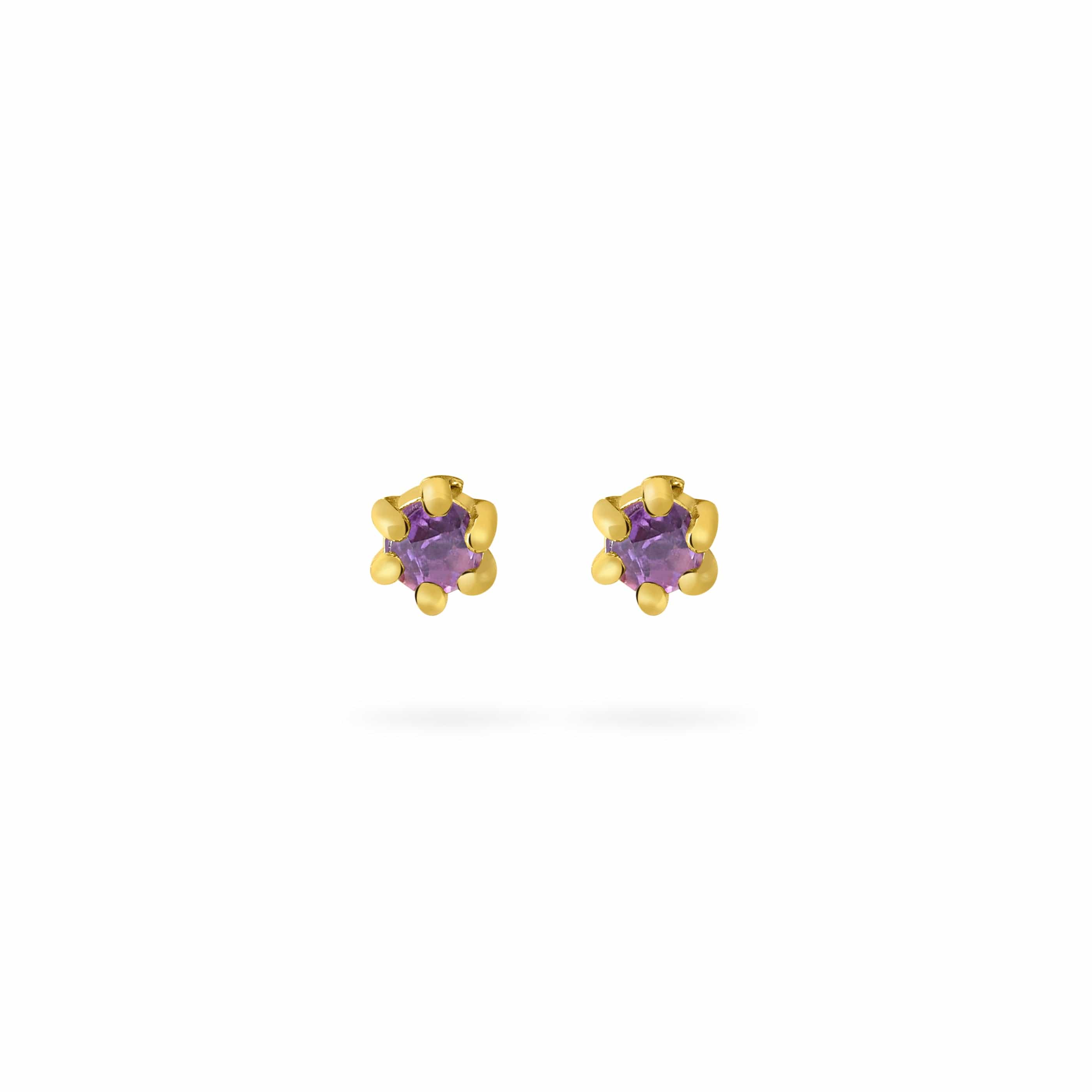 Front view gold plated stud earring with Amethyst stone, Vooraanzicht vergulde oorstekers met Amethist steen