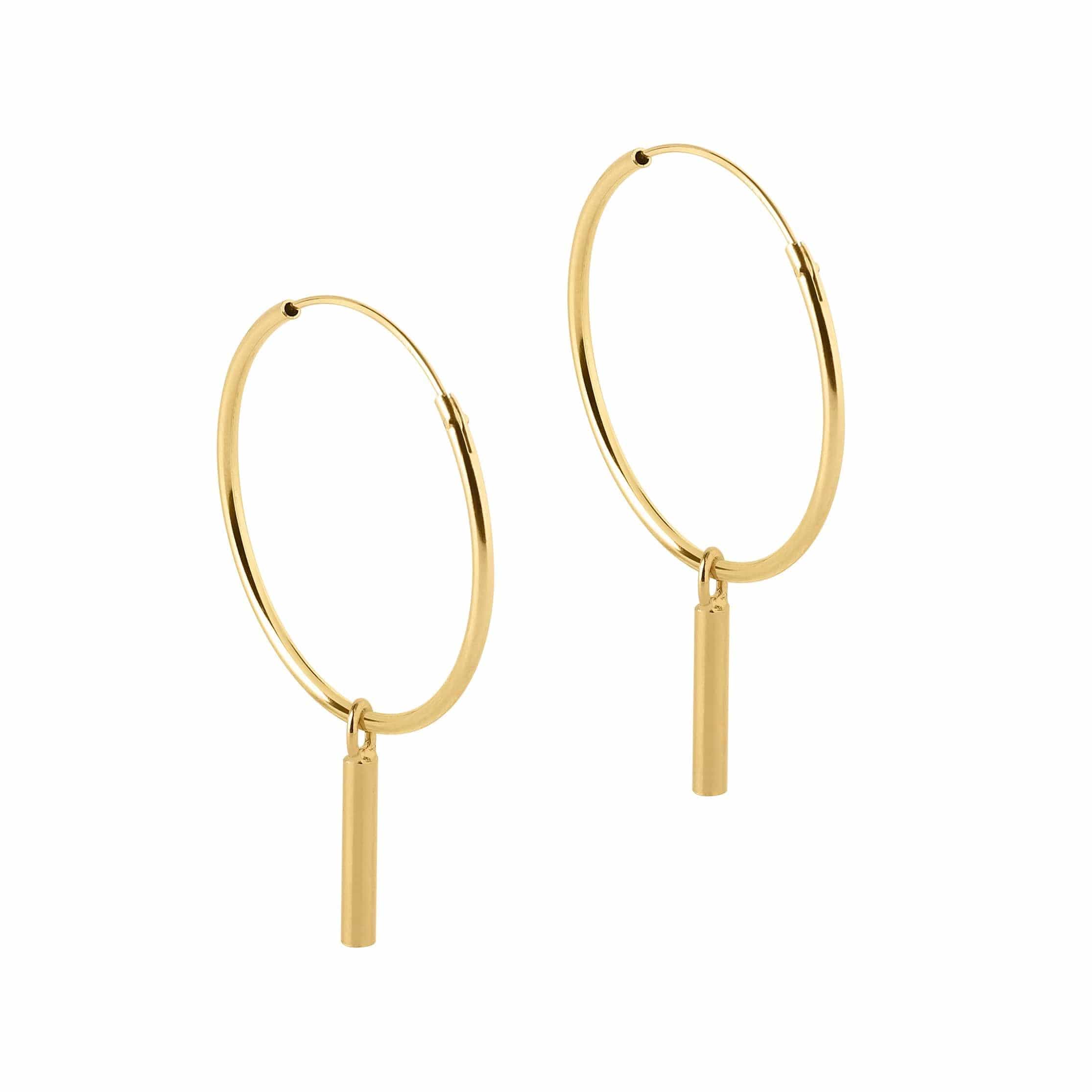 side view 22mm gold plated hoop earrings with long rod