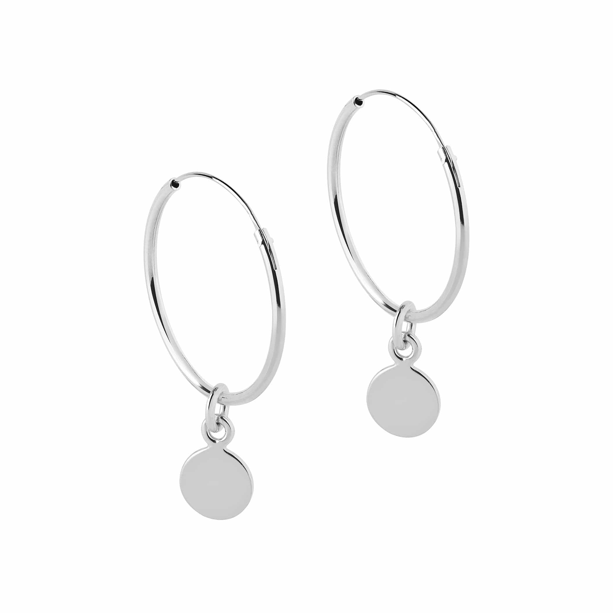 side view 18 mm silver hoop earrings with round pendant