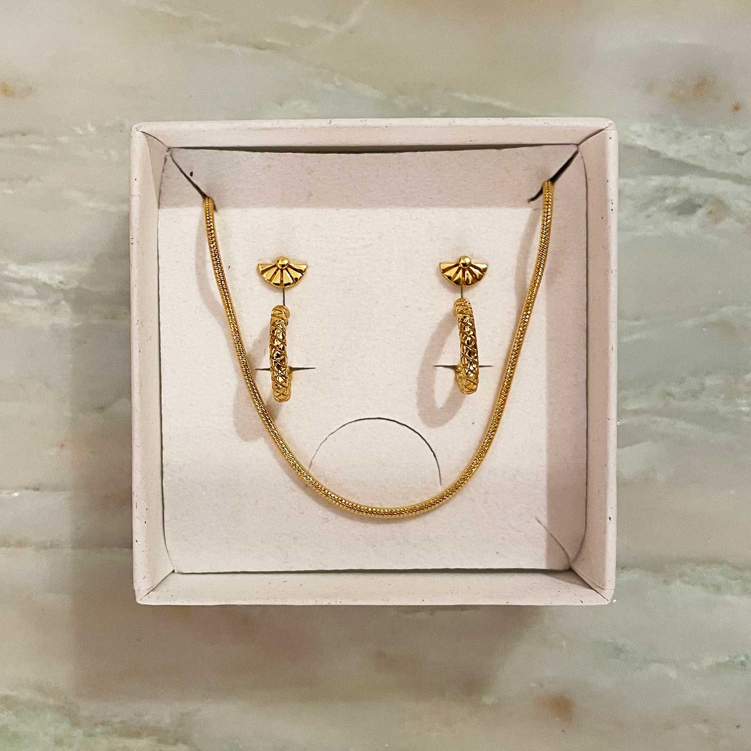 set of necklace, snake skin hoop and fan ear stud gold plated, setje oorbel hoops en ketting verguld