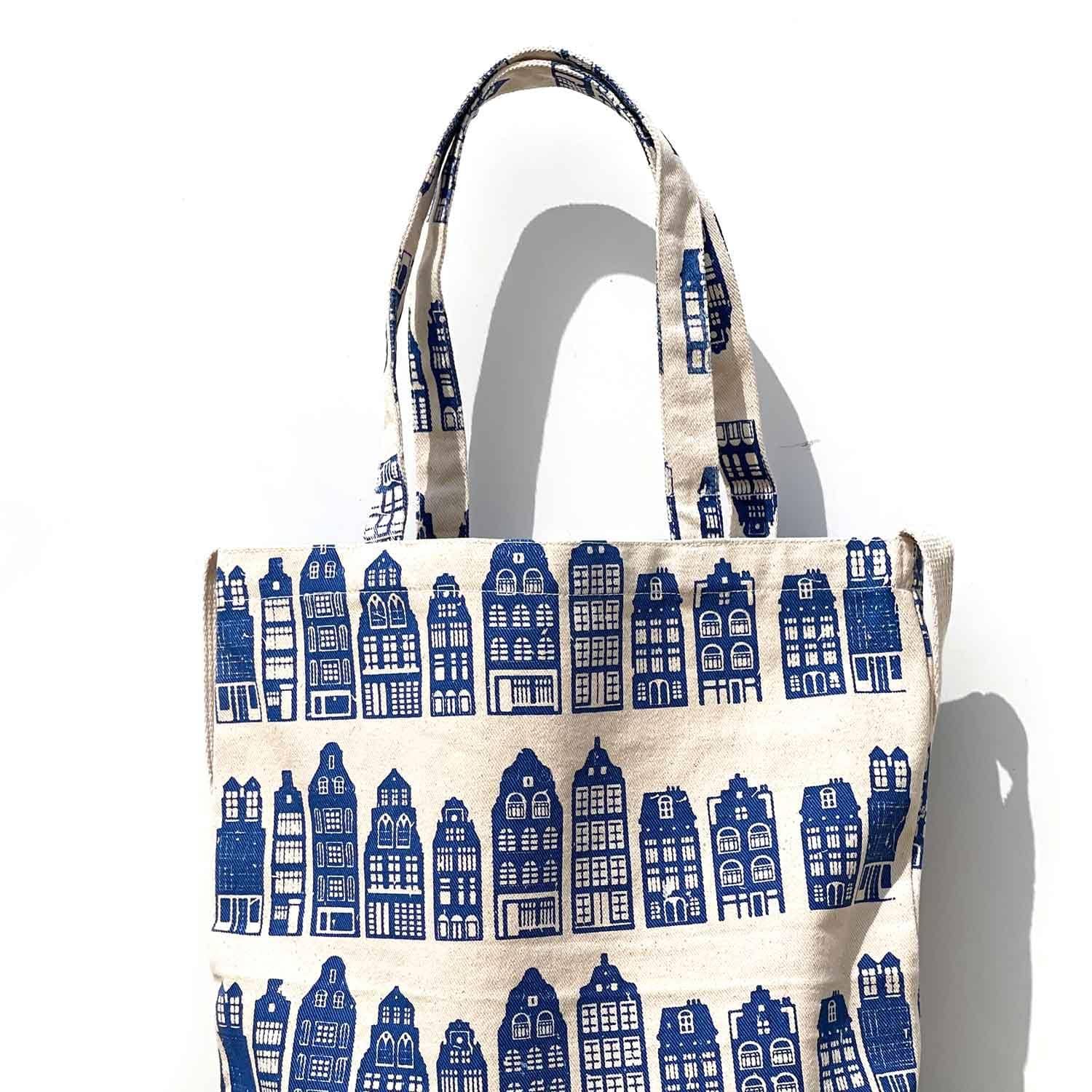 Shoulder bag Amsterdam Canal House Blue, linnen grachtenhuisjes tas