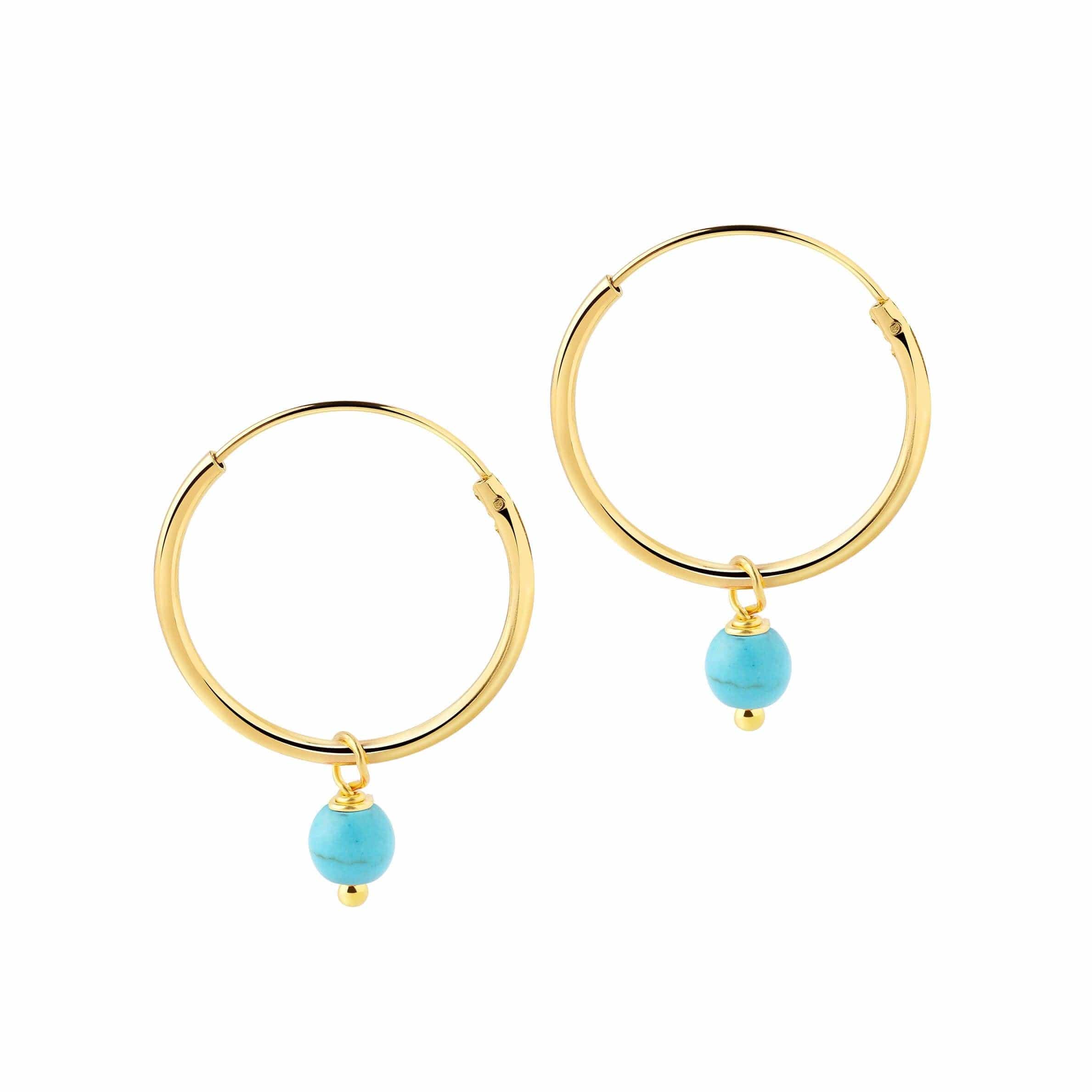 18mm Gold Plated Hoop Earrings with Turquoise Blue Stone