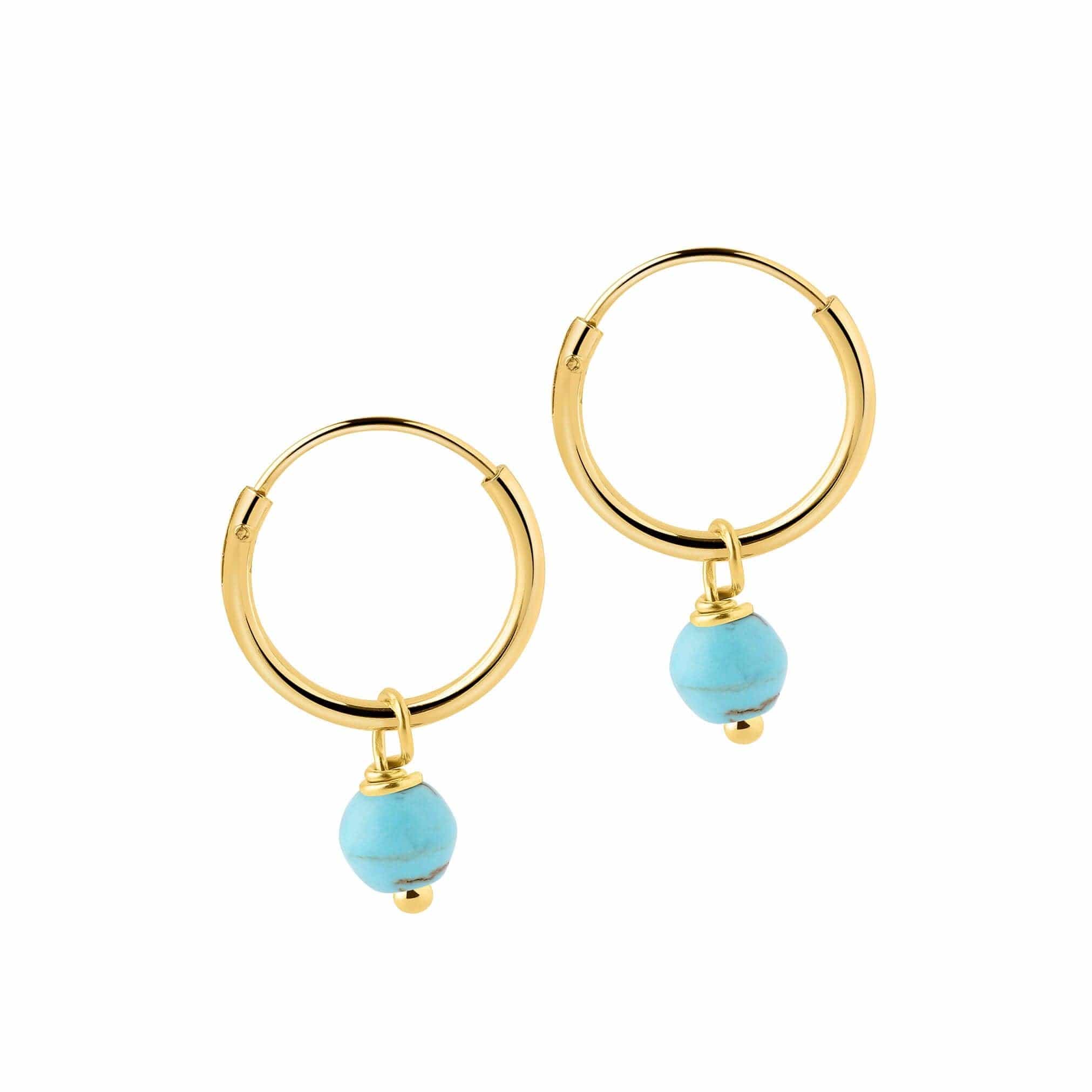 12 mm gold plated Hoop Earrings with Turquoise Blue Stone