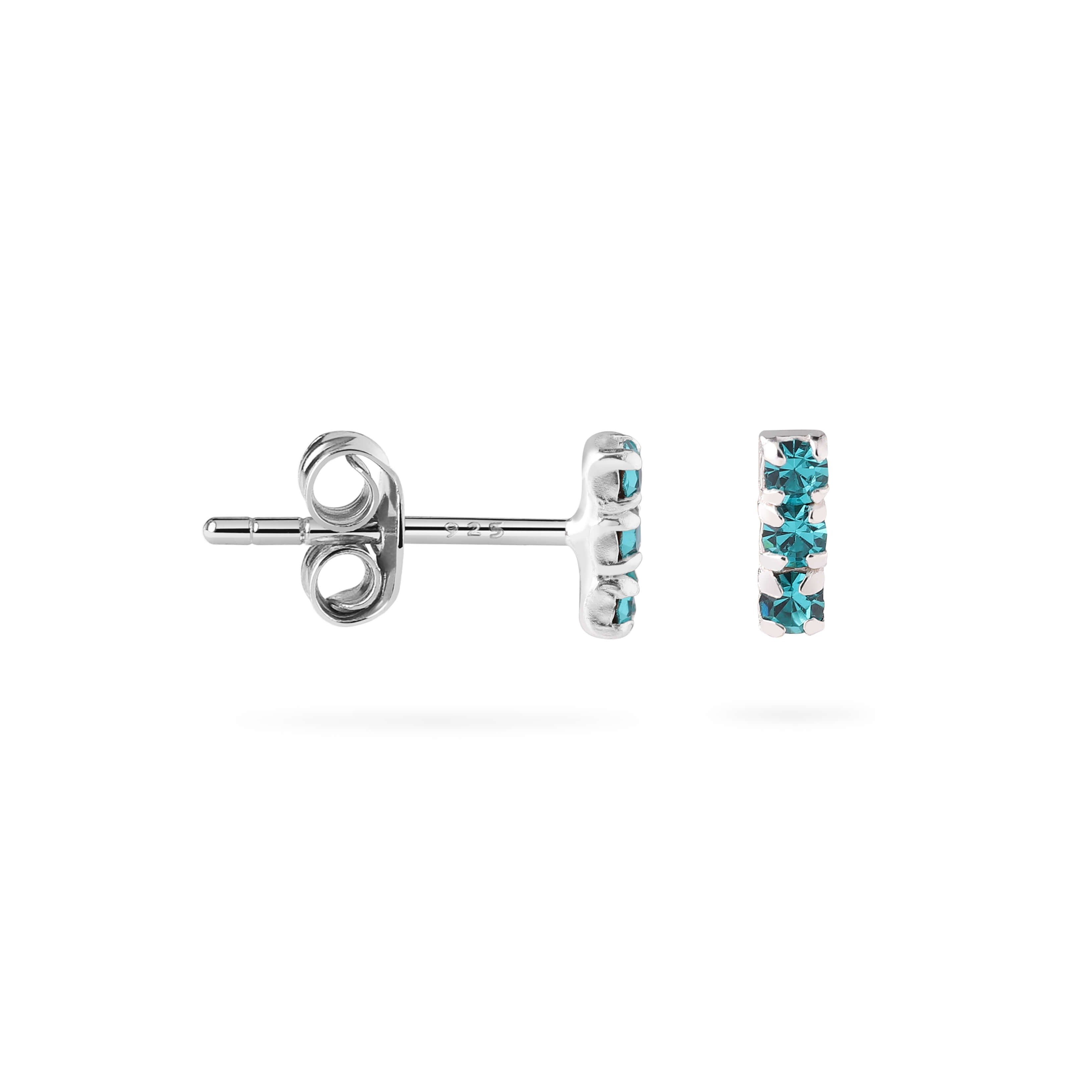 side view 925 silver ear stud with blue zirconia stones