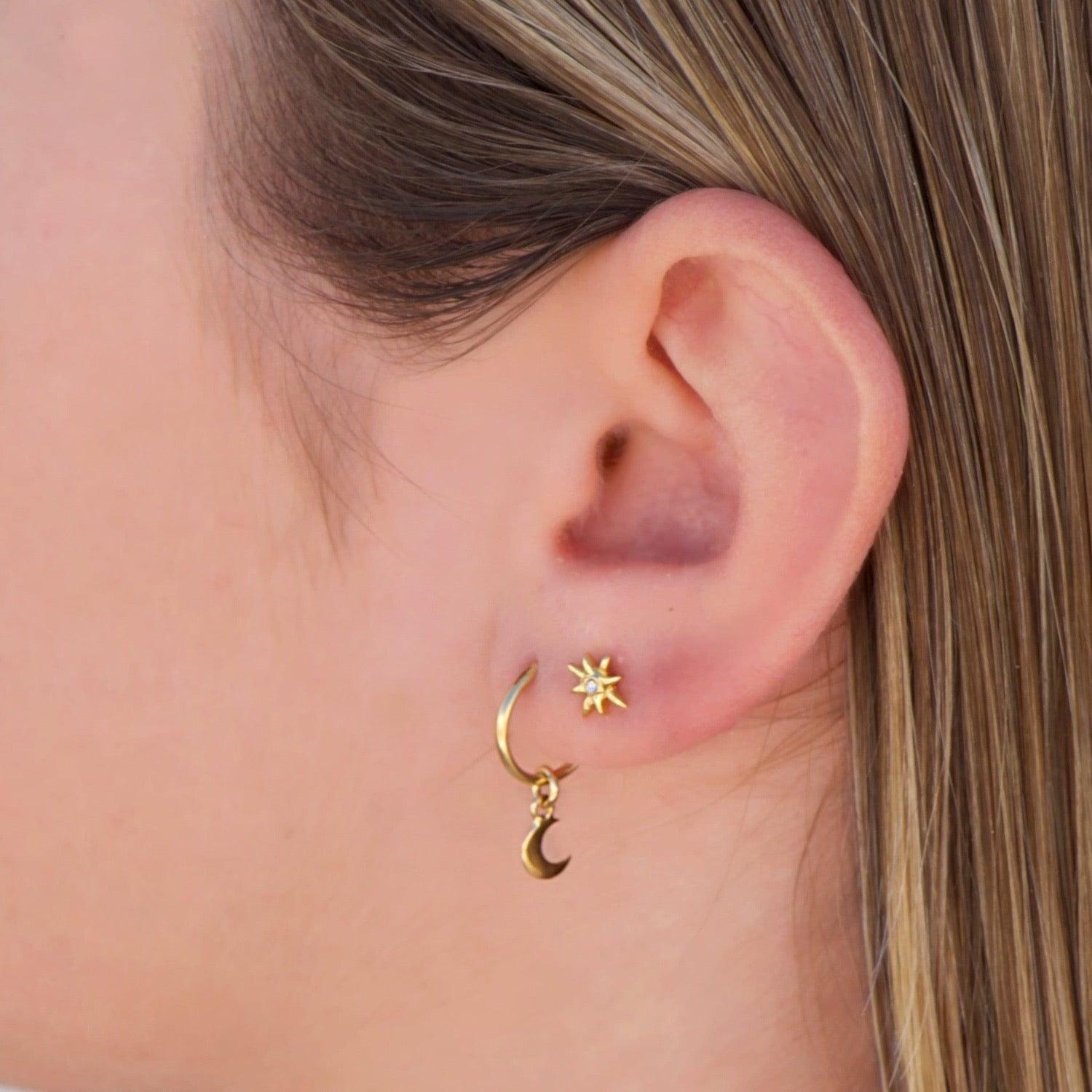 model with 12mm gold plated hoop with moon pendant