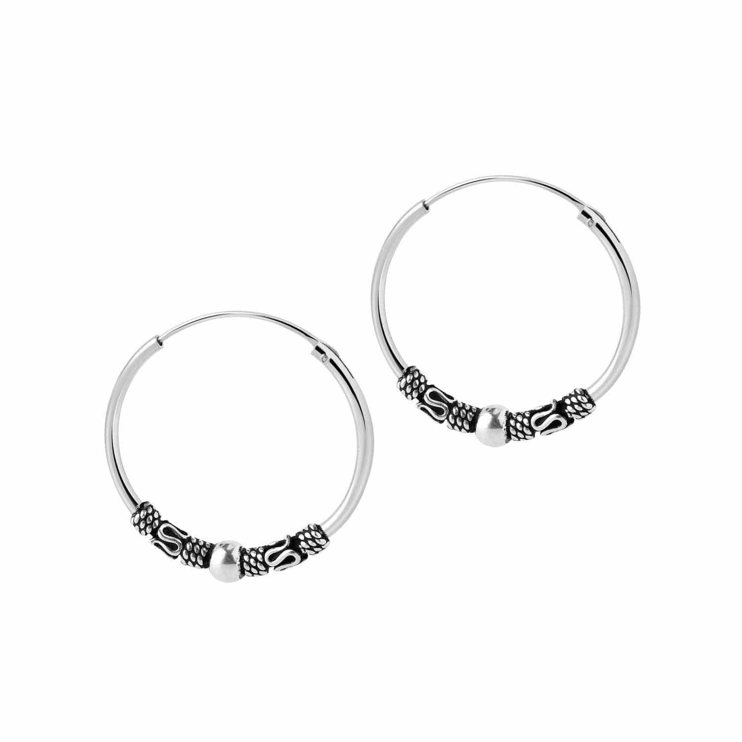 Silver Bali Hoop Earrings Niaga with ball and snake pattern