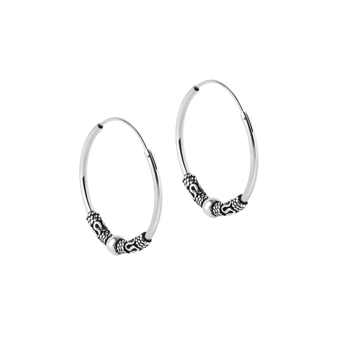 side view Silver Bali Hoop Earrings Niaga with ball and snake pattern