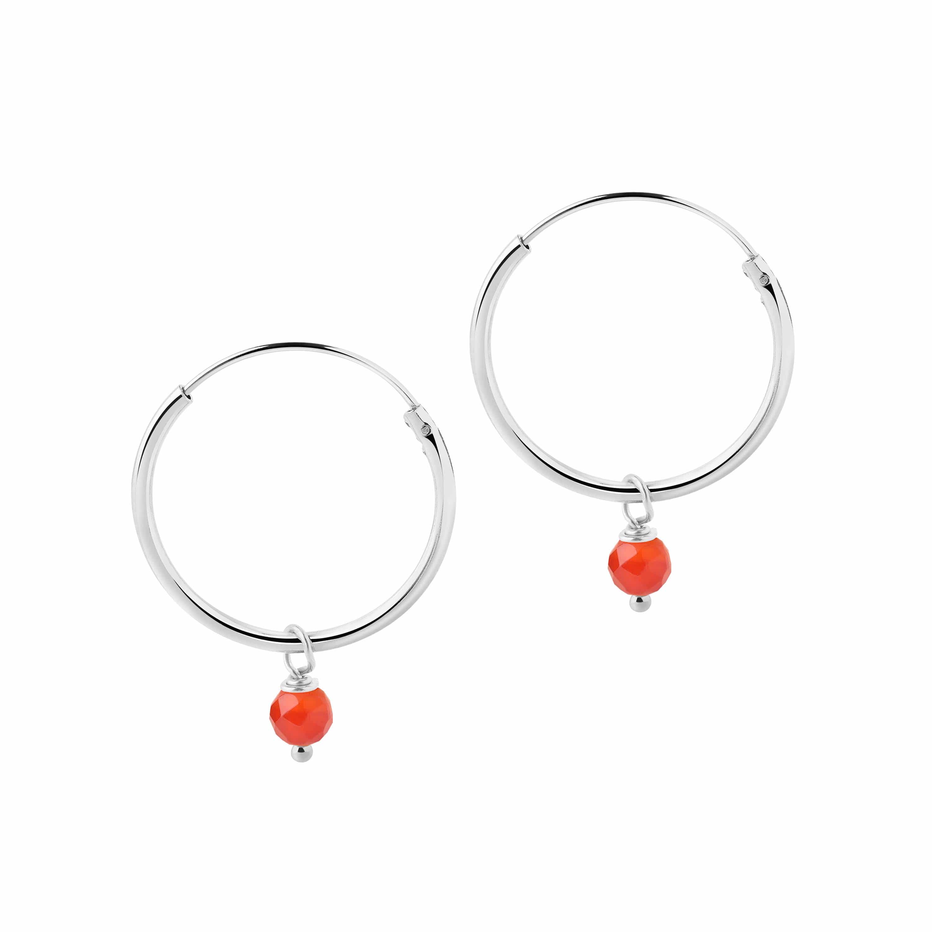 Silver Hoop Earrings with Red Stone
