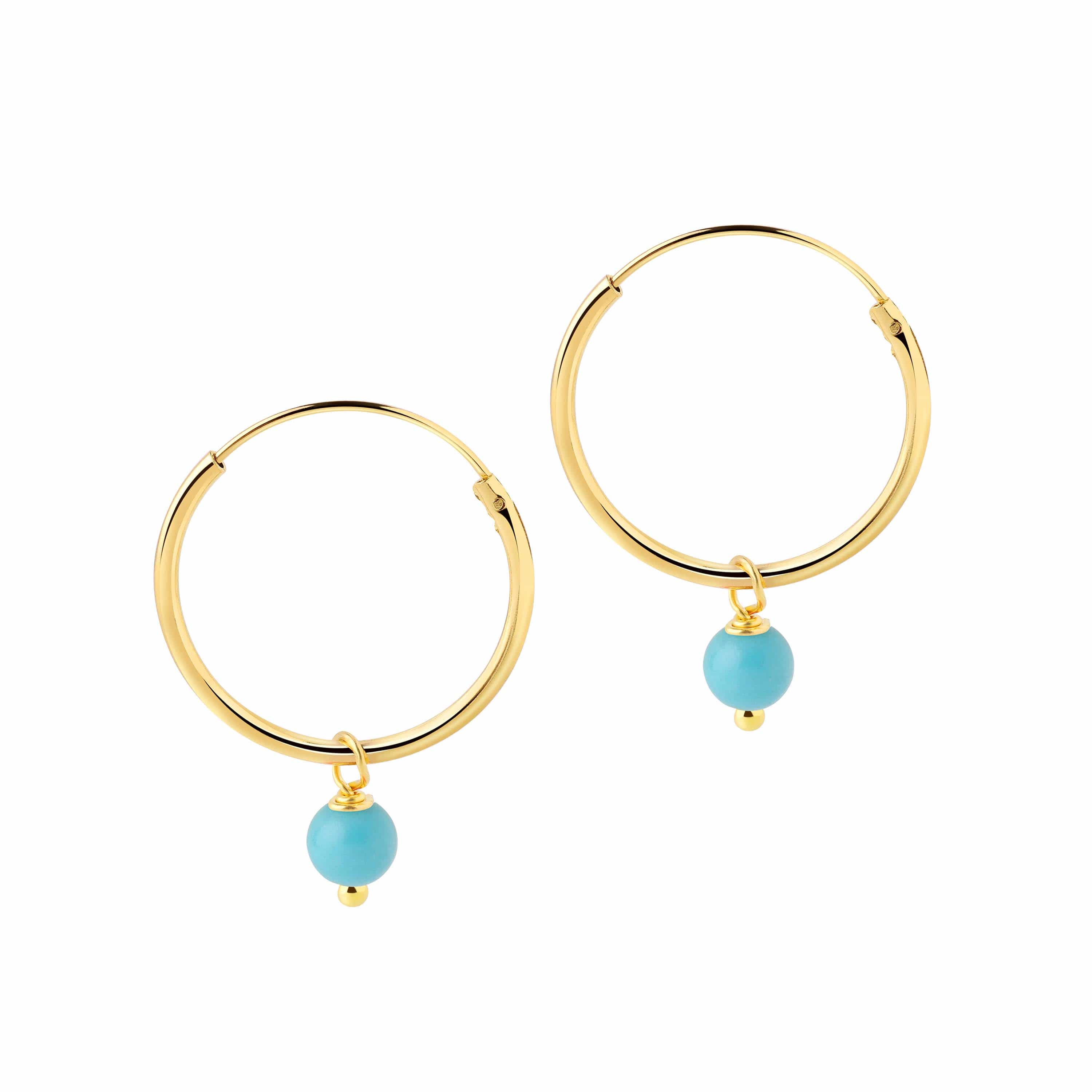 Medium Gold Plated Hoop Earrings with Turquoise Blue Stone