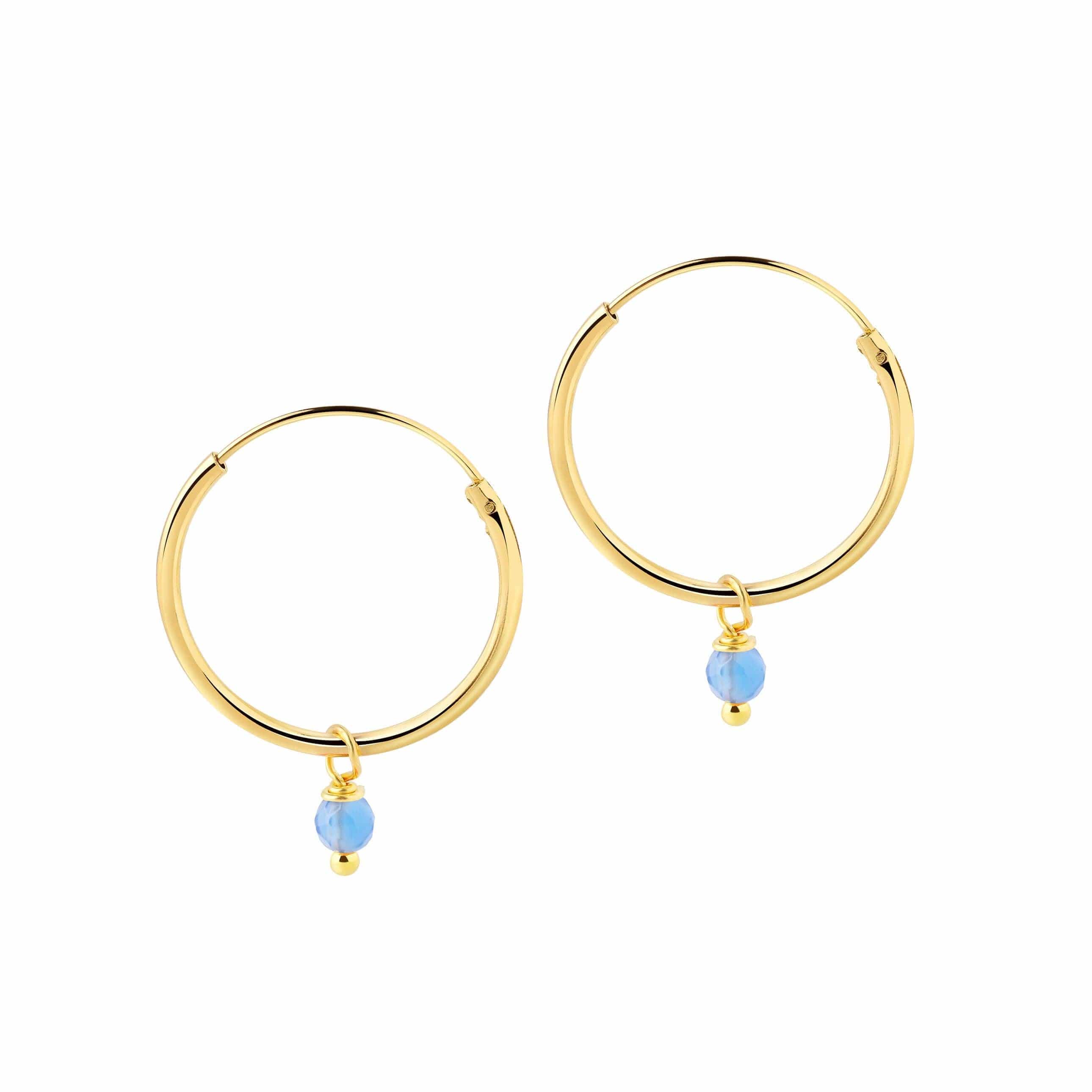 Gold Plated Hoop Earrings with Blue Stone 18mm