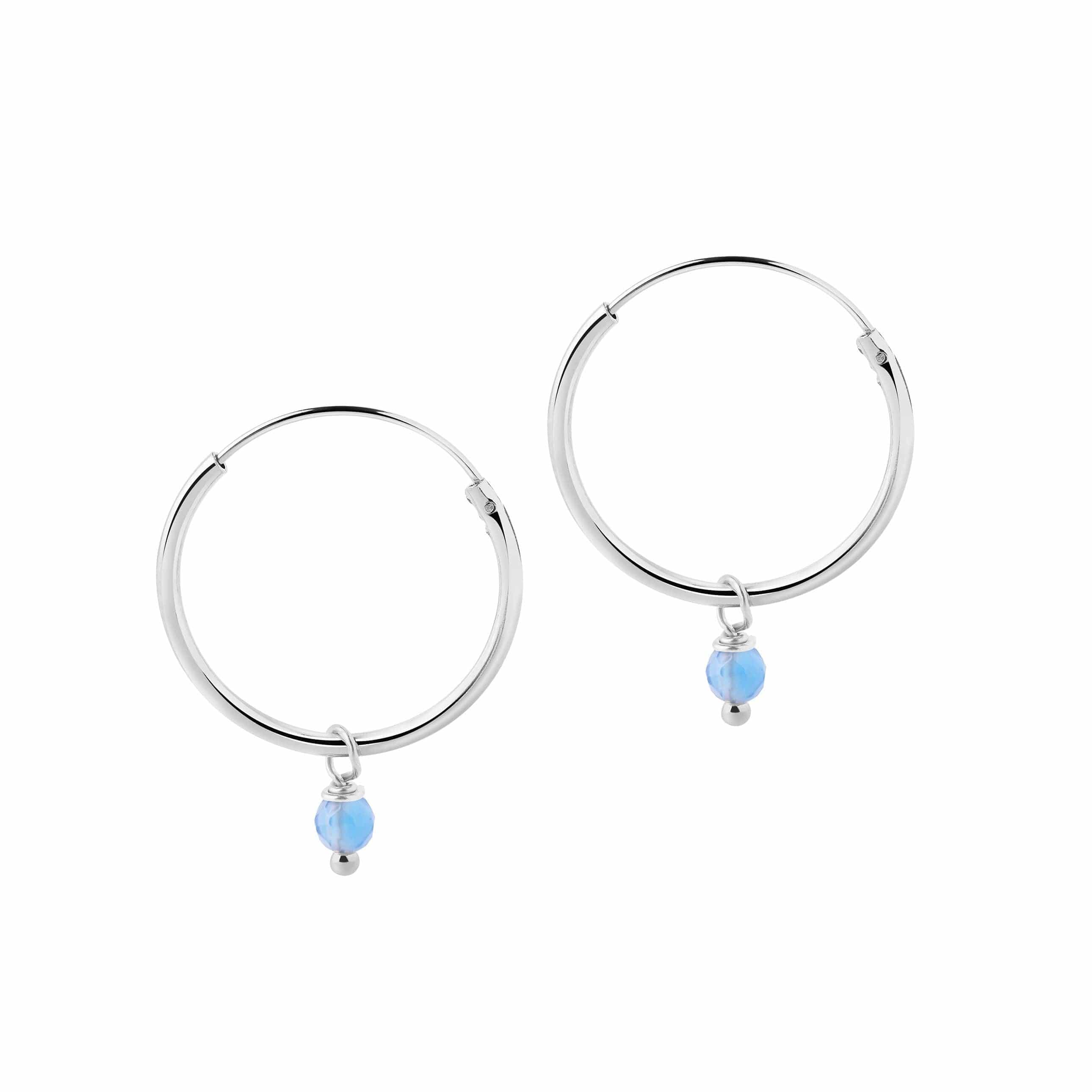 Silver Hoop Earrings with Blue Stone 18mm