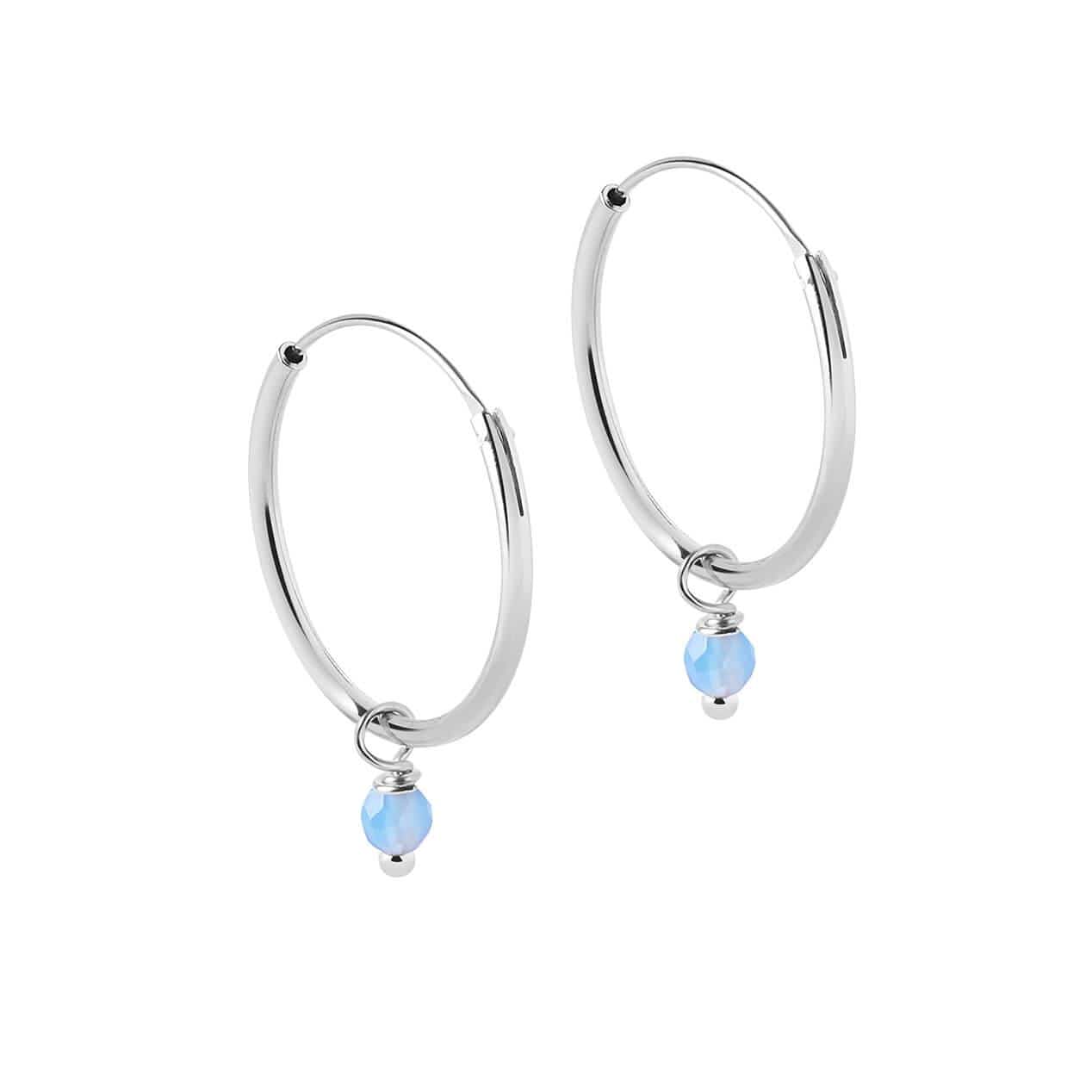 side view Silver Hoop Earrings with Blue Stone 18mm
