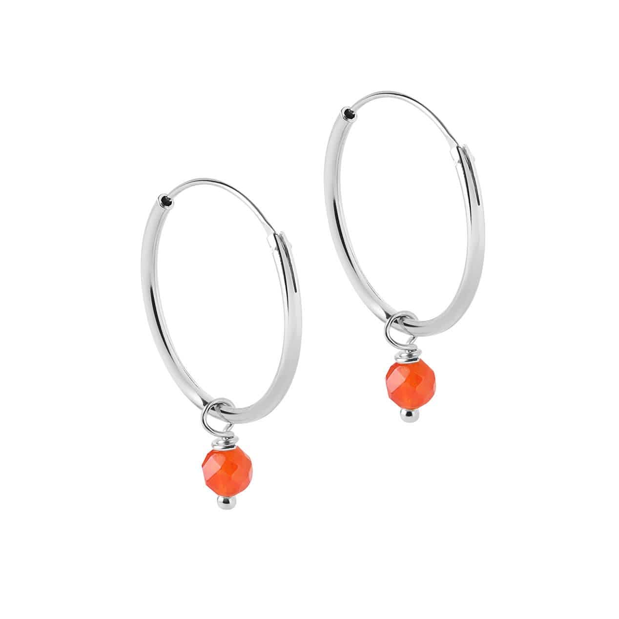 side view 18mm Silver Hoop Earrings with Red Stone