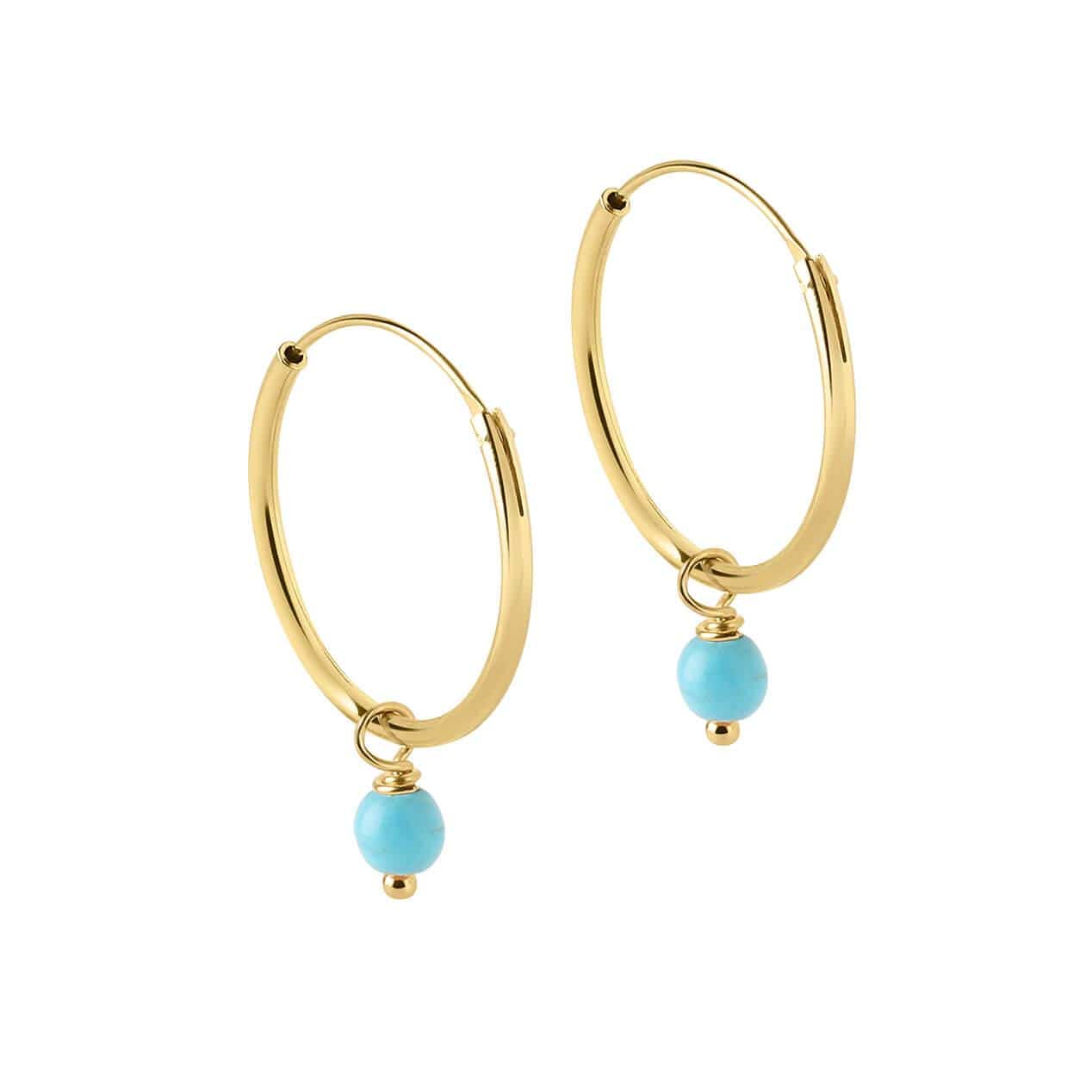 side view 18mm Gold Plated Hoop Earrings with Turquoise Blue Stone