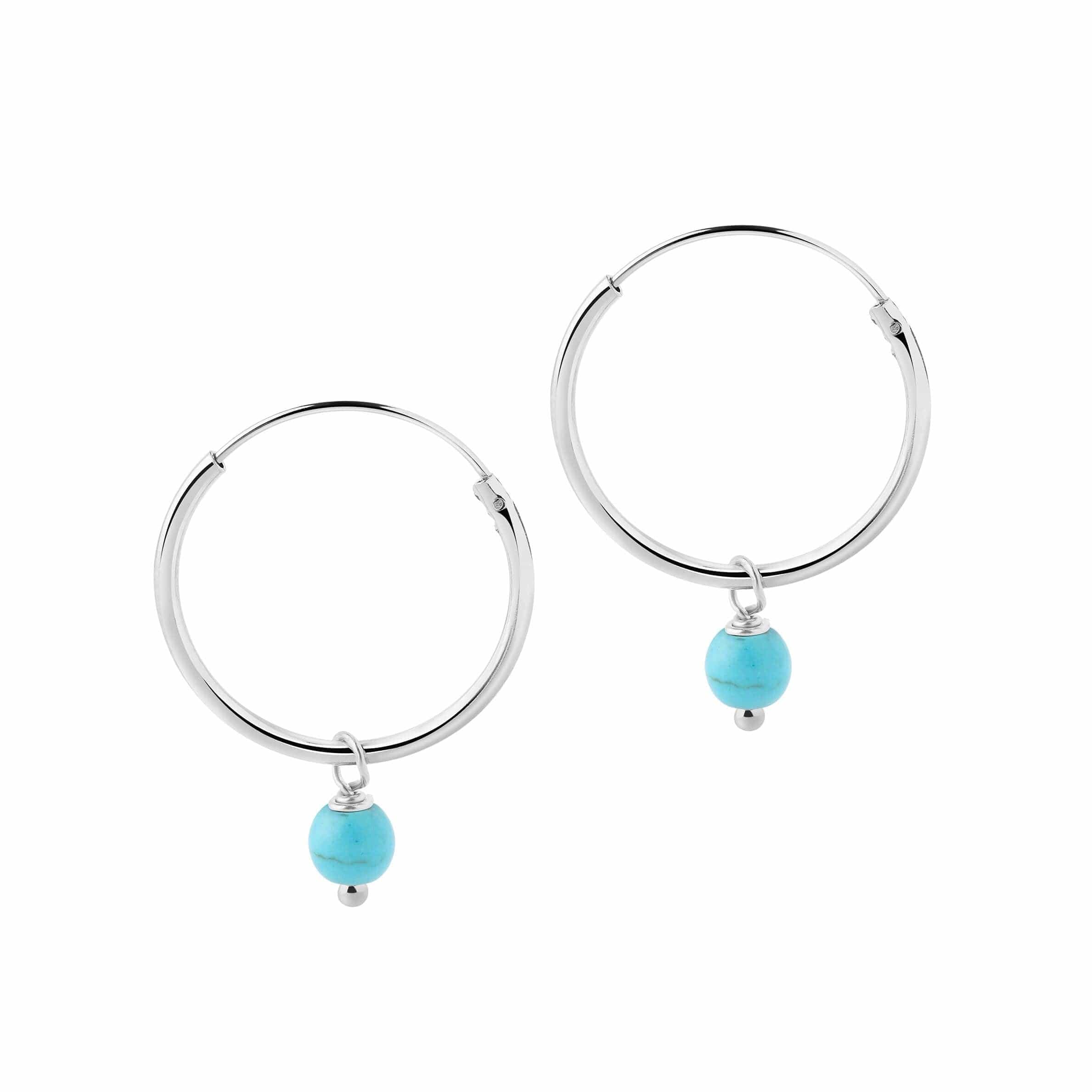 18mm Silver Hoop Earrings Turquoise Blue Stone