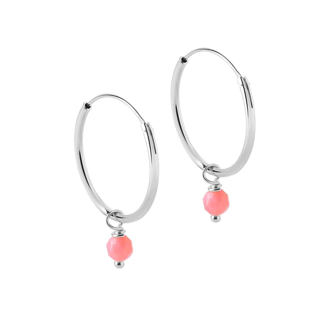side view Silver Hoop Earrings with Pink Stone