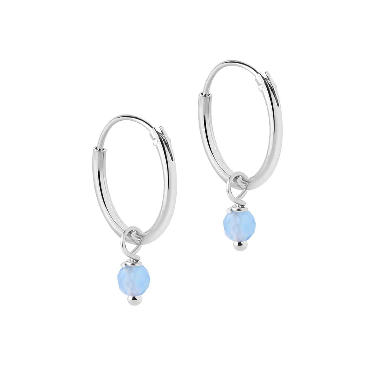 side view Small Silver Hoop Earrings with Blue Stone