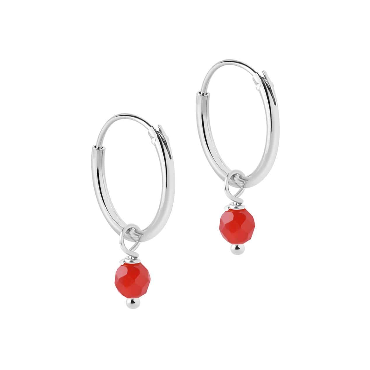 side view 12mm Silver Hoop Earrings with Red Stone