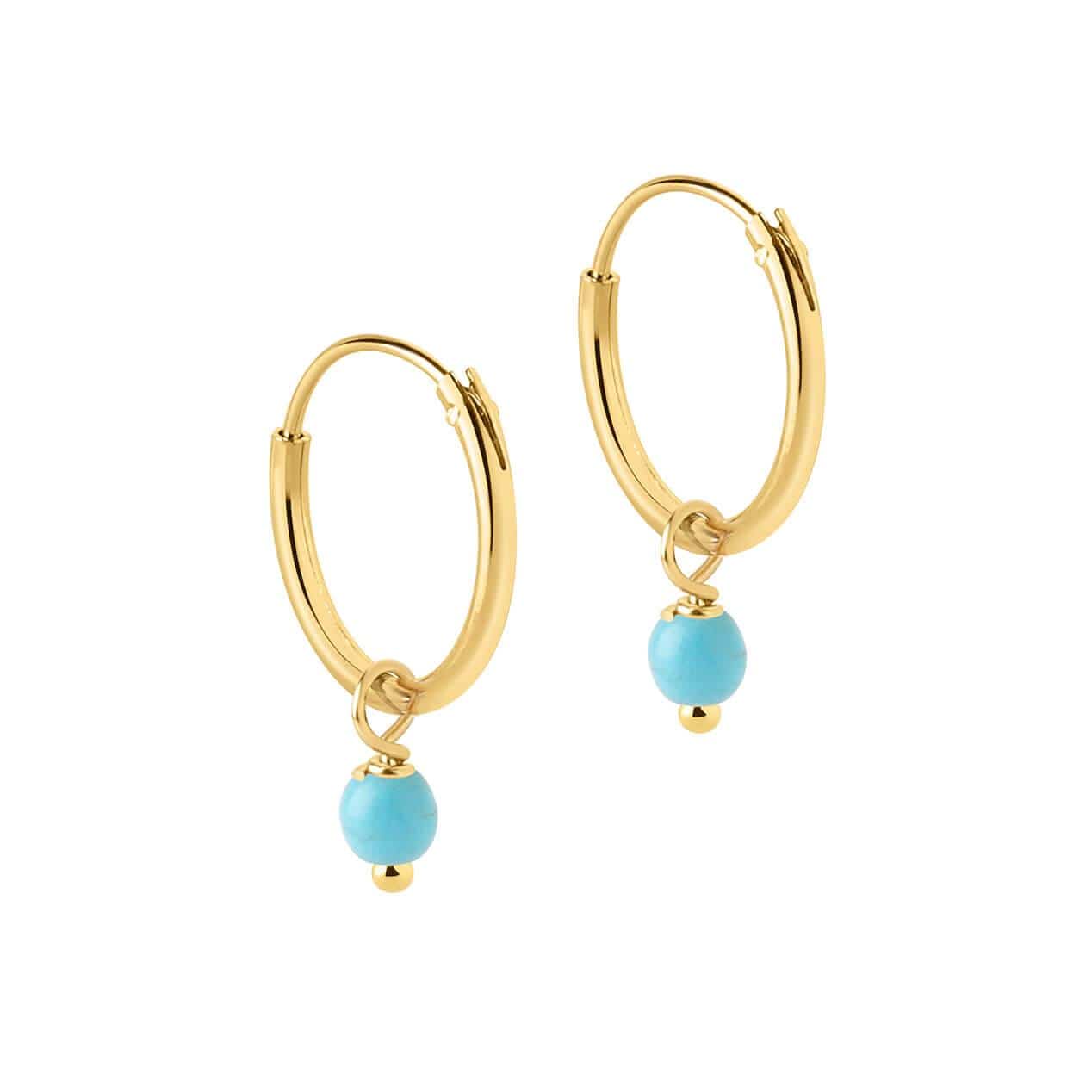 side view Small Gold Plated Hoop Earrings with Turquoise Blue Stone