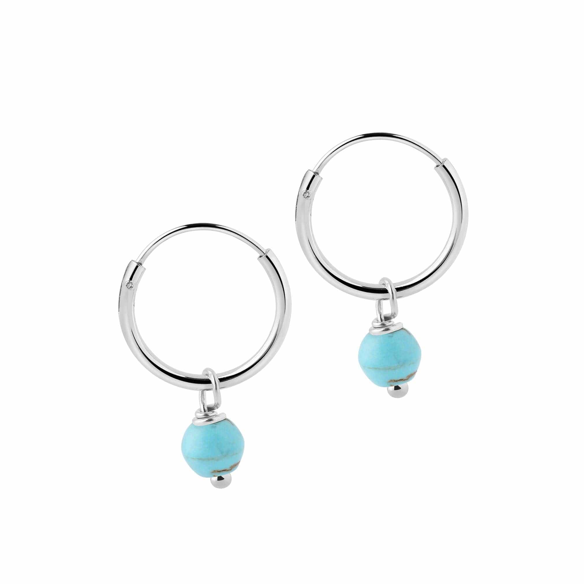 12mm Silver Hoop Earrings Turquoise Blue Stone