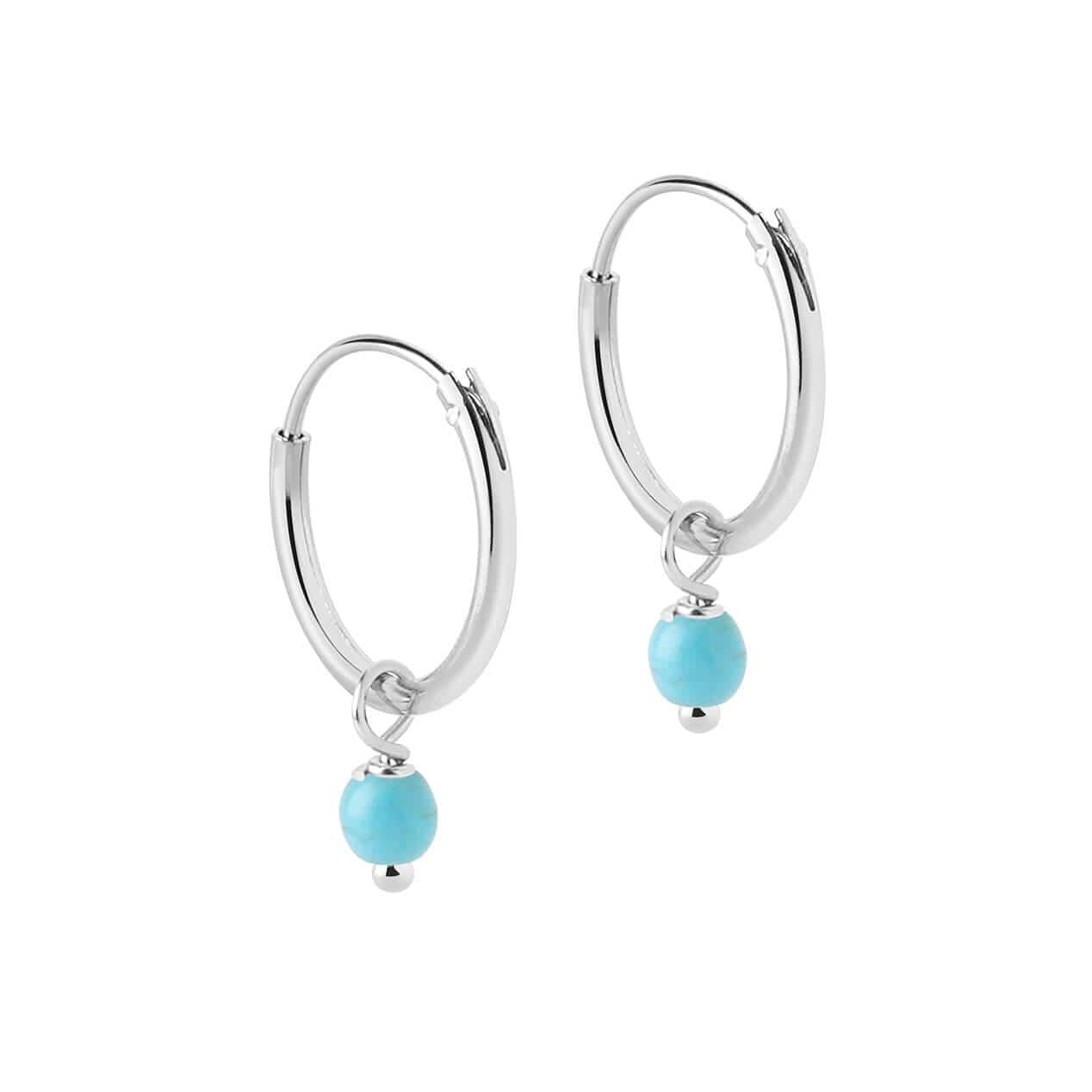 side view Small Silver Hoop Earrings Turquoise Blue Stone