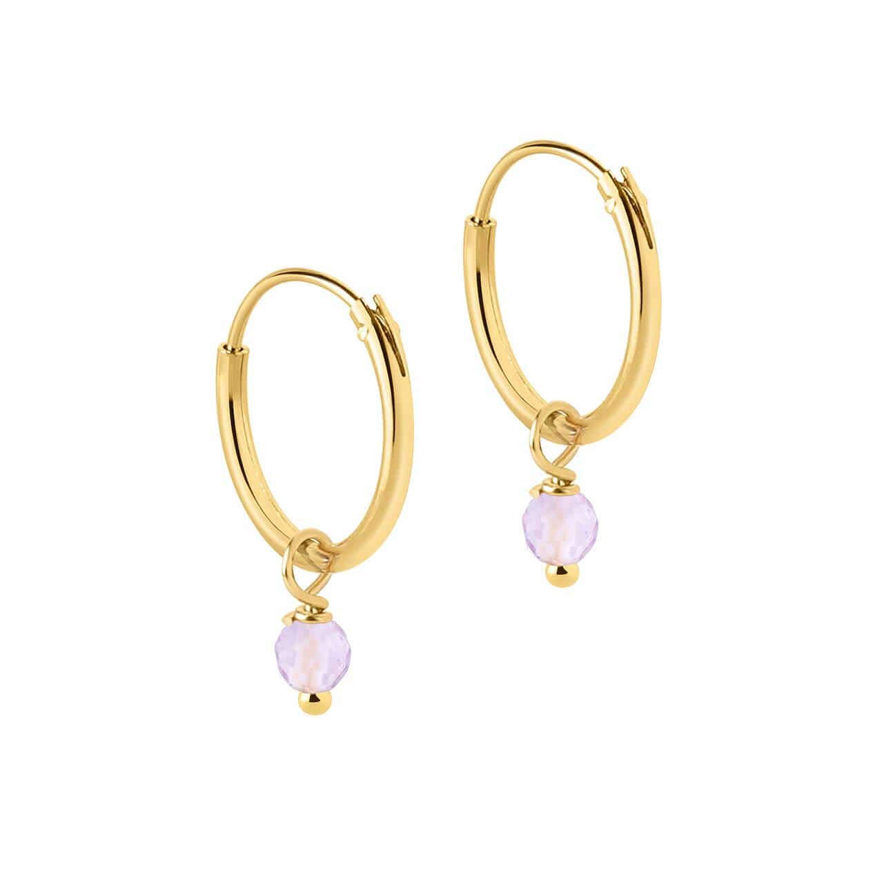 side view Small Gold Plated Hoop Earrings with Purple Stone