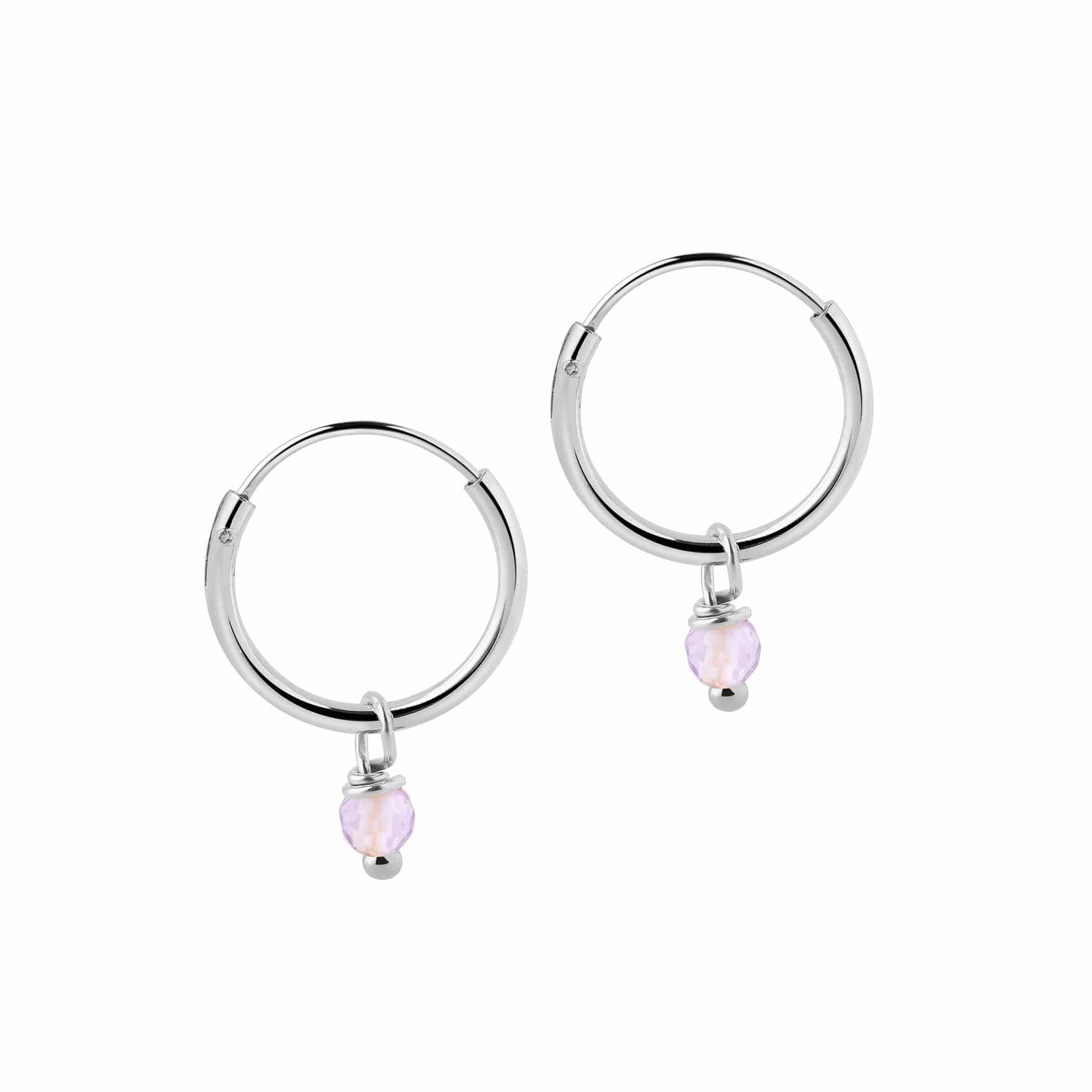 12 mm Silver Hoop Earrings with Purple Stone