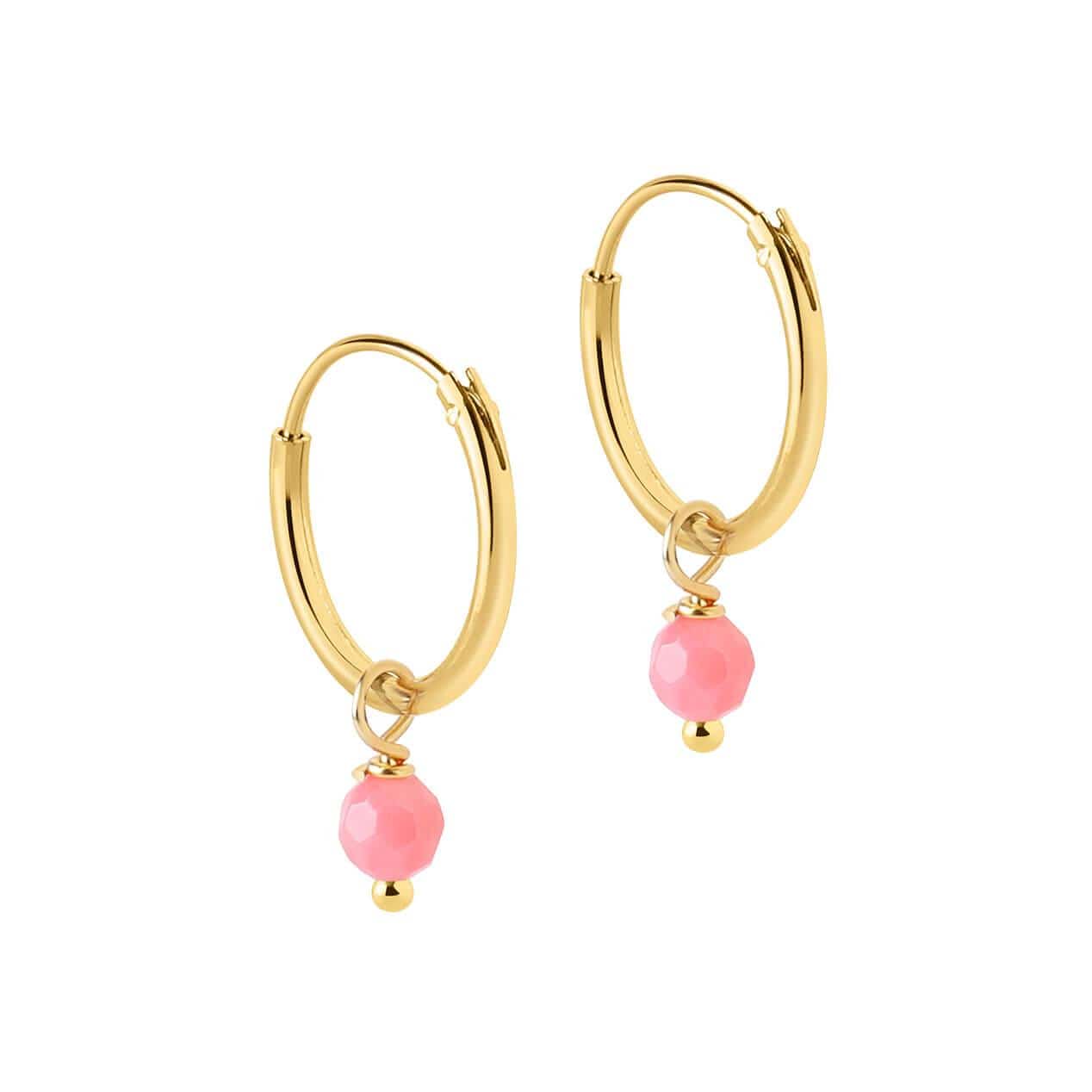 side view Small Gold Plated Hoop Earrings with Pink Stone