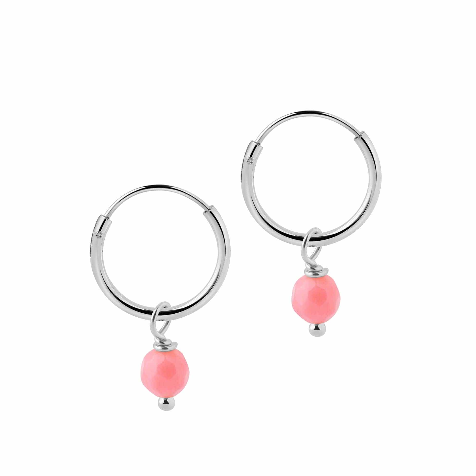 Small Silver Hoop Earrings with Pink Stone