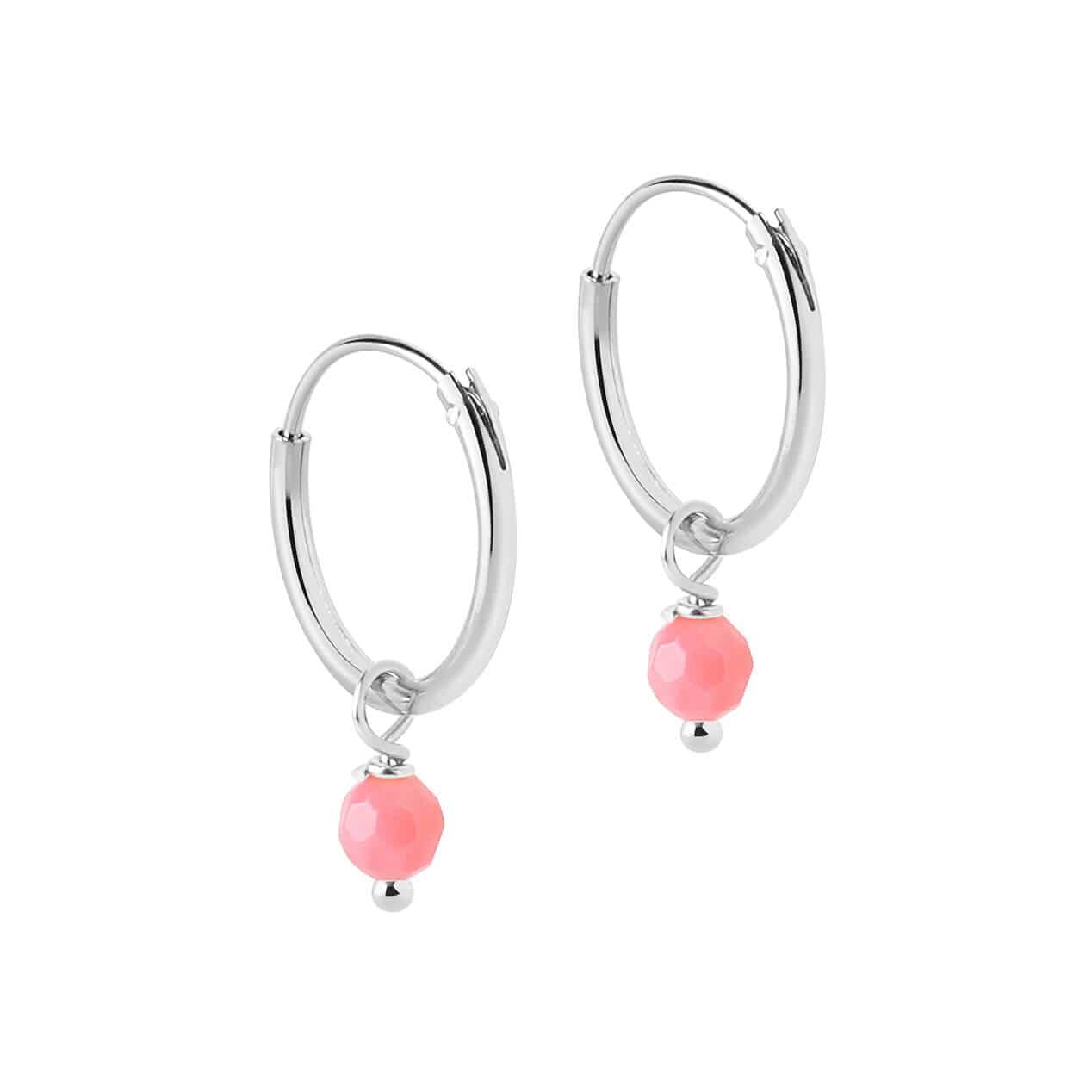 side view Small Silver Hoop Earrings with Pink Stone