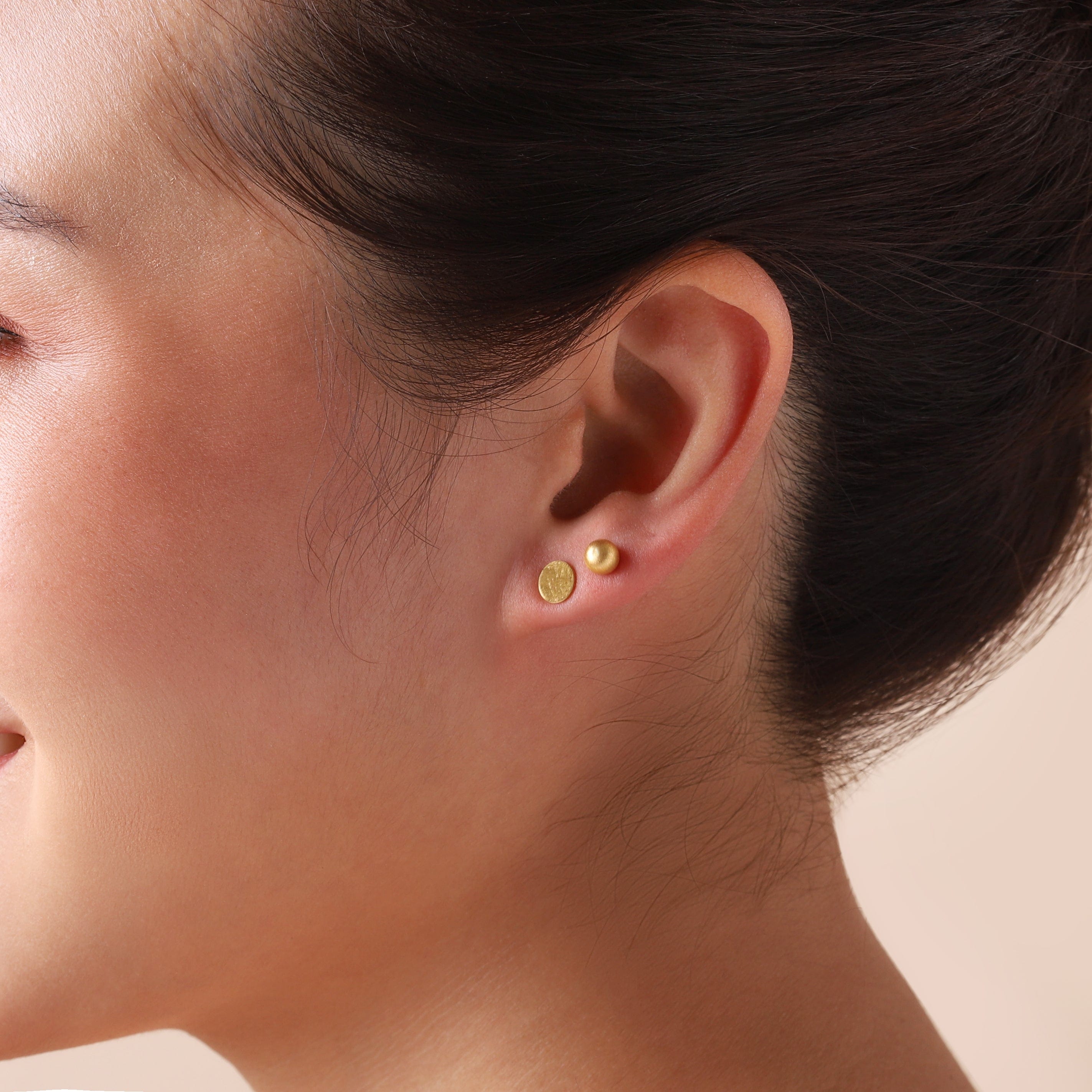 matte gold plated coin stud earrings 7mm on model