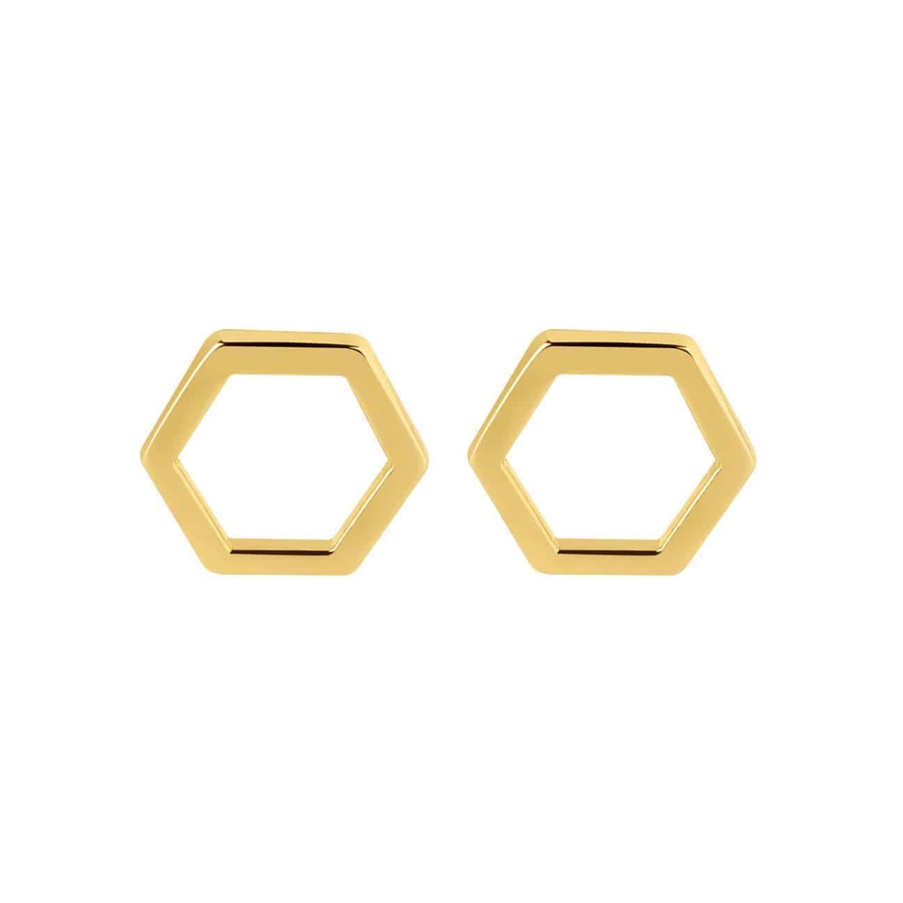 front view gold plated stud earrings hexagon