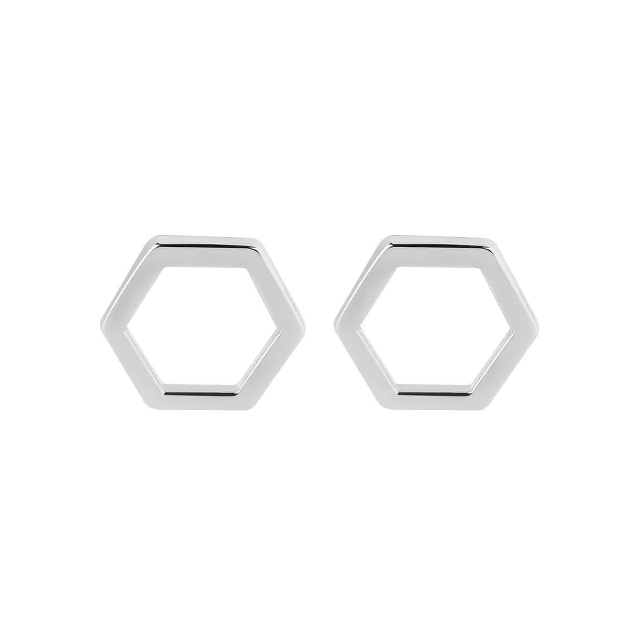 front view Silver stud earrings hexagon