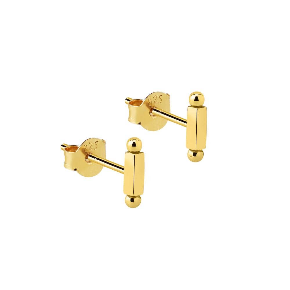 Rod with 2 Balls Stud Earrings Gold Plated, staaf oorbel verguld