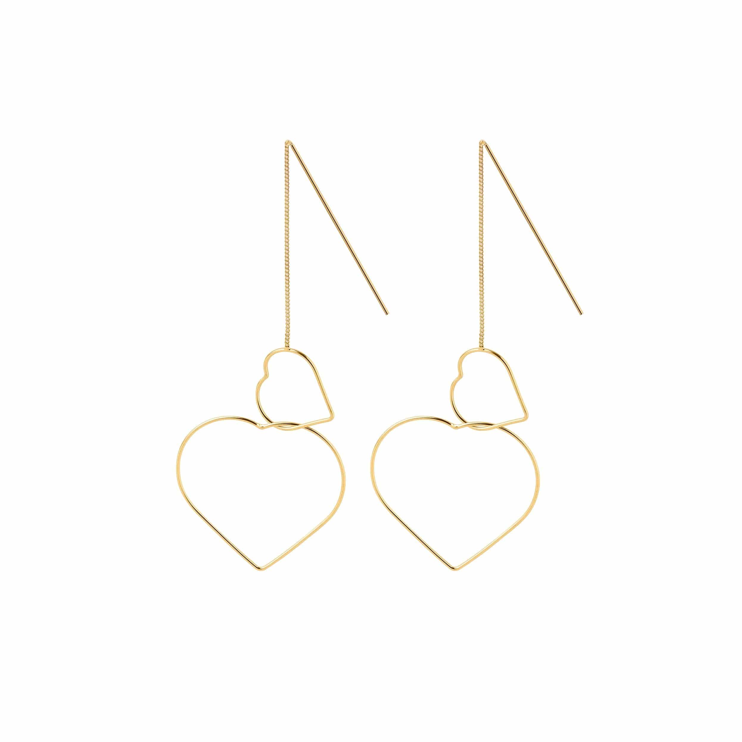 gold plated hanging earrings with double hearts