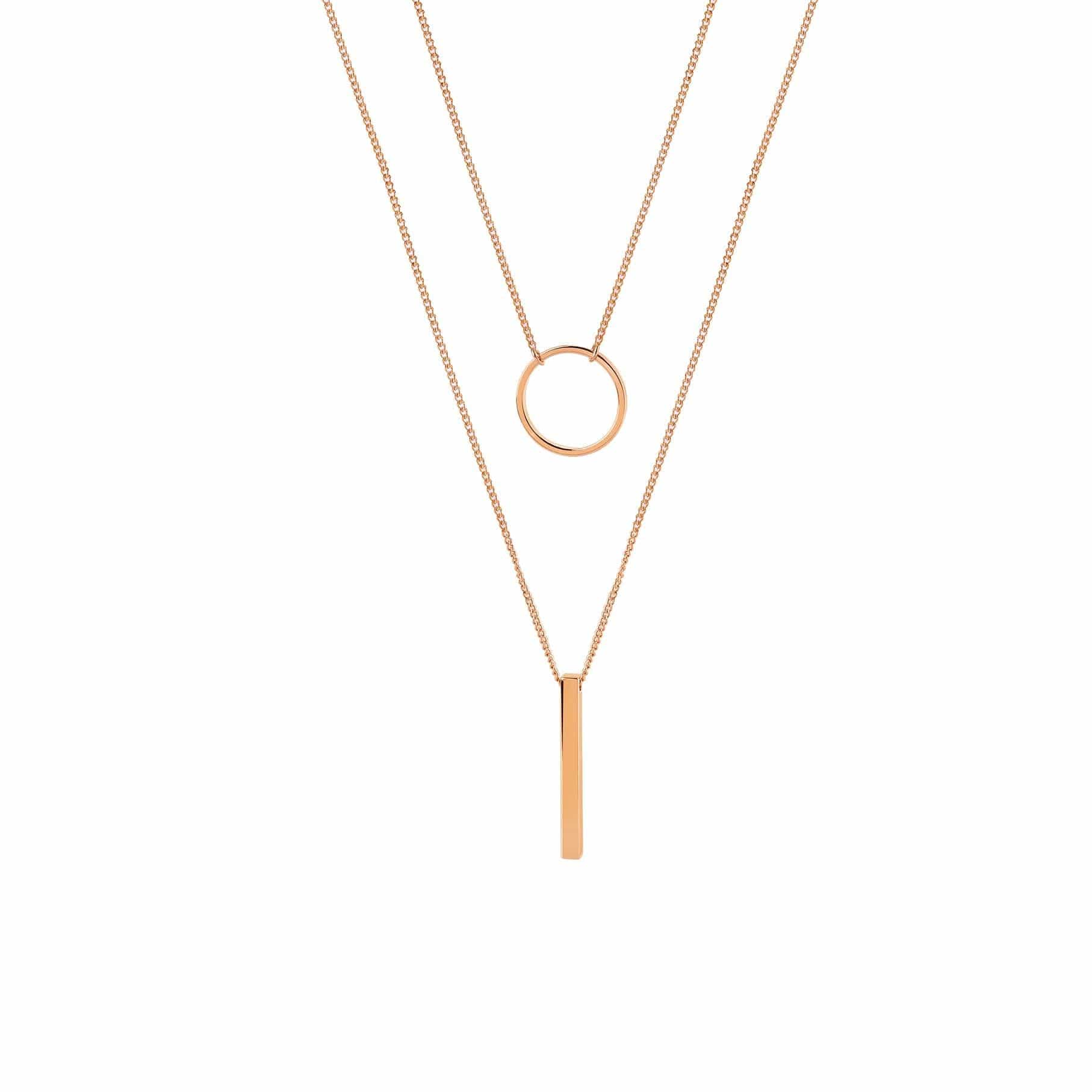 rose gold plated double necklace with circle and rod