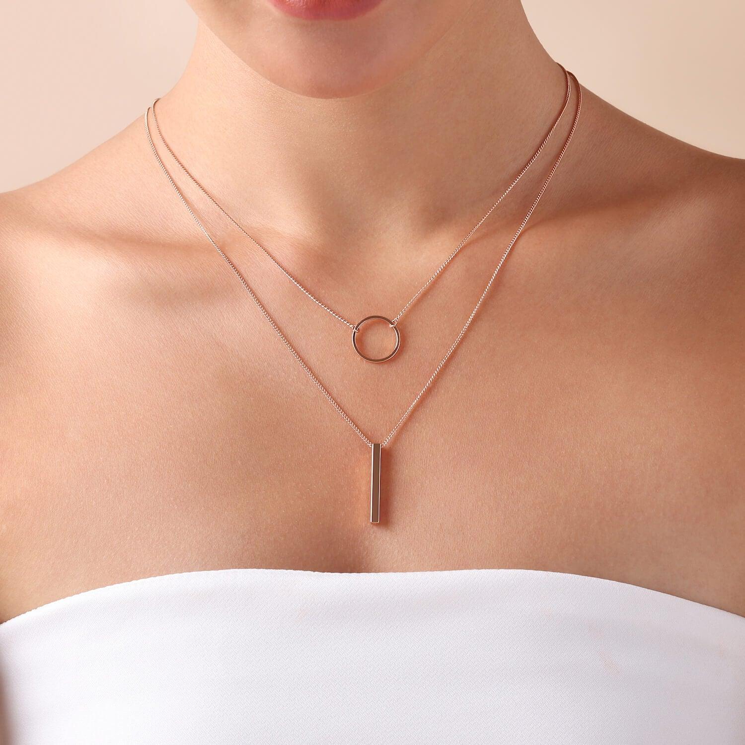 Rose Gold Plated Double Necklace with Circle and Rod