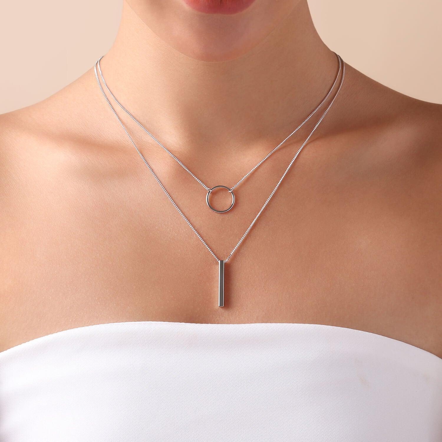 Silver Plated Double Necklace with Circle and Rod