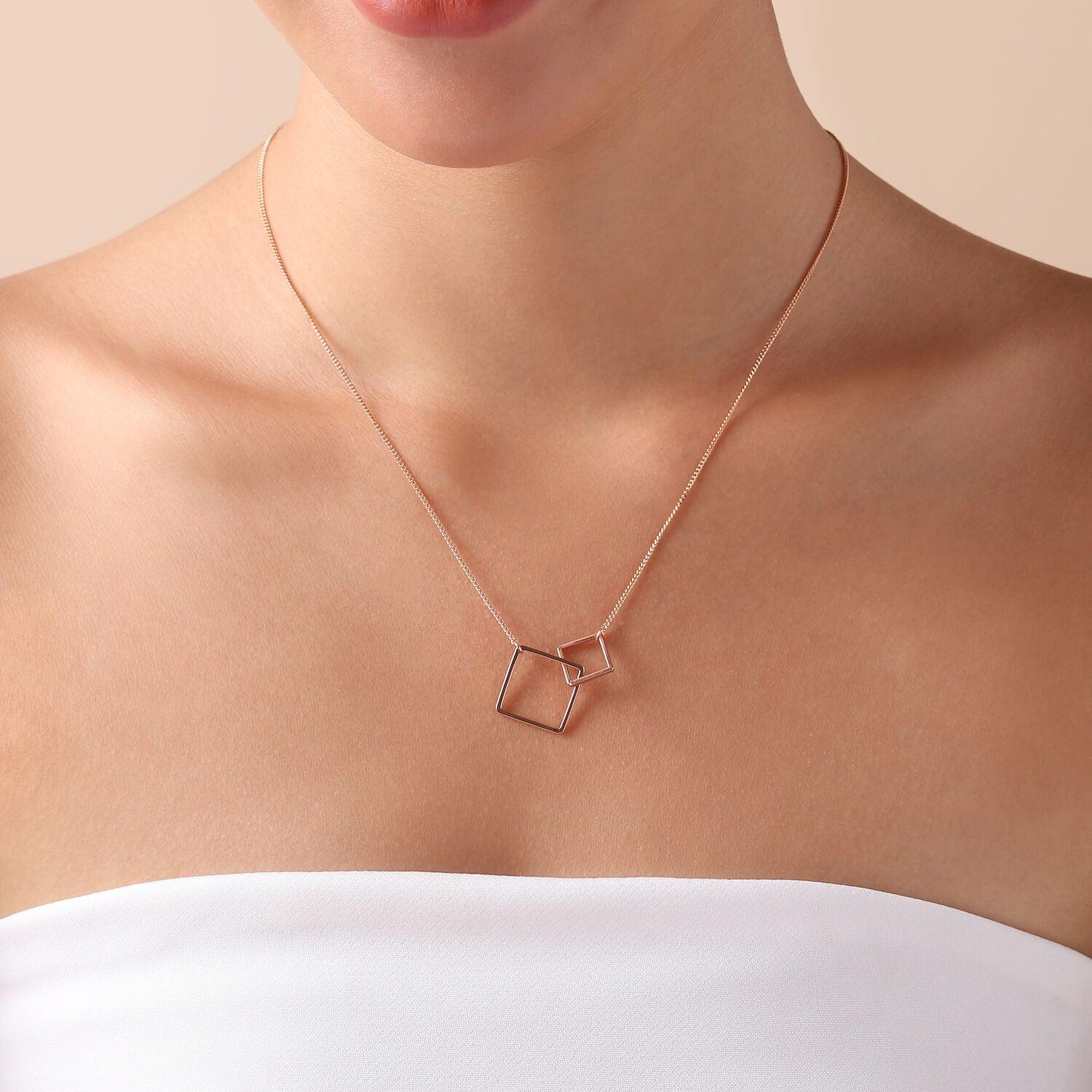 model with Rose Gold Plated Necklace with Double Square