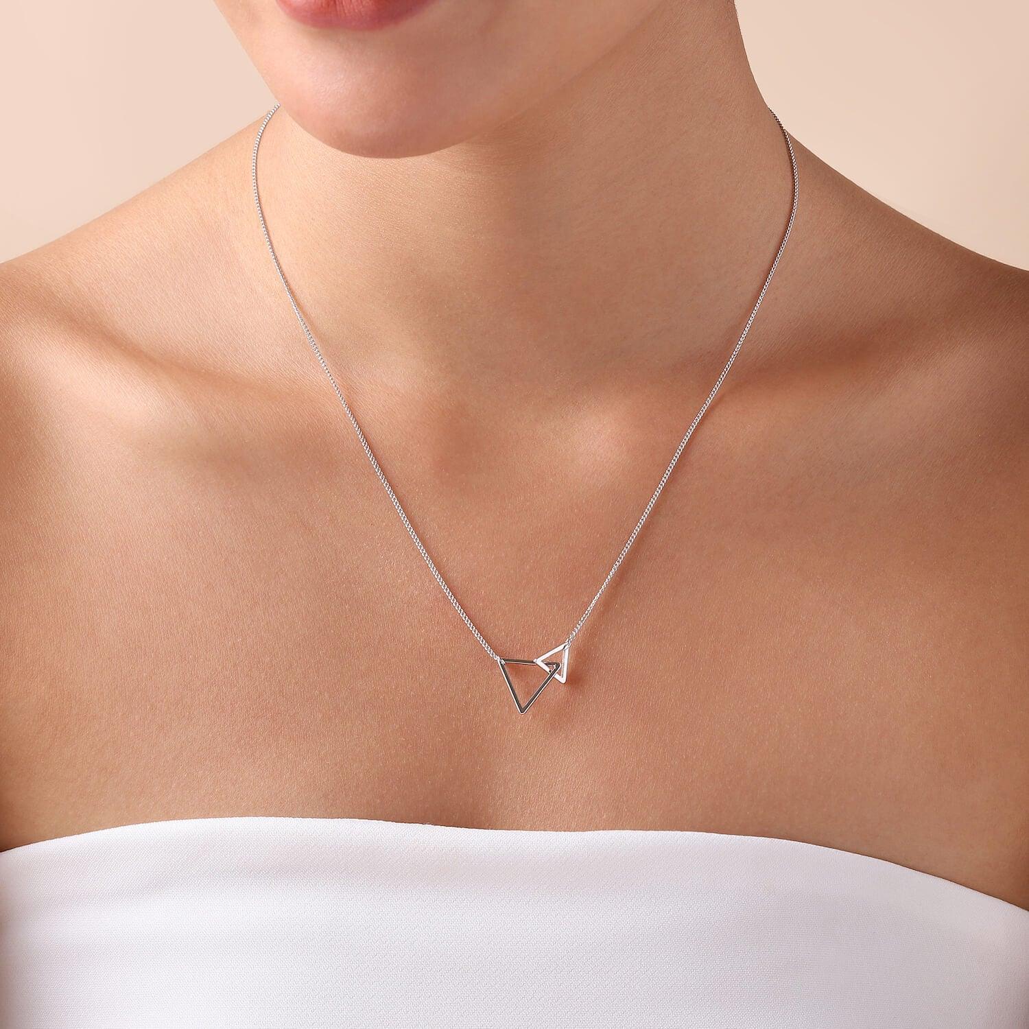 model with Silver Plated Necklace with Double Triangle