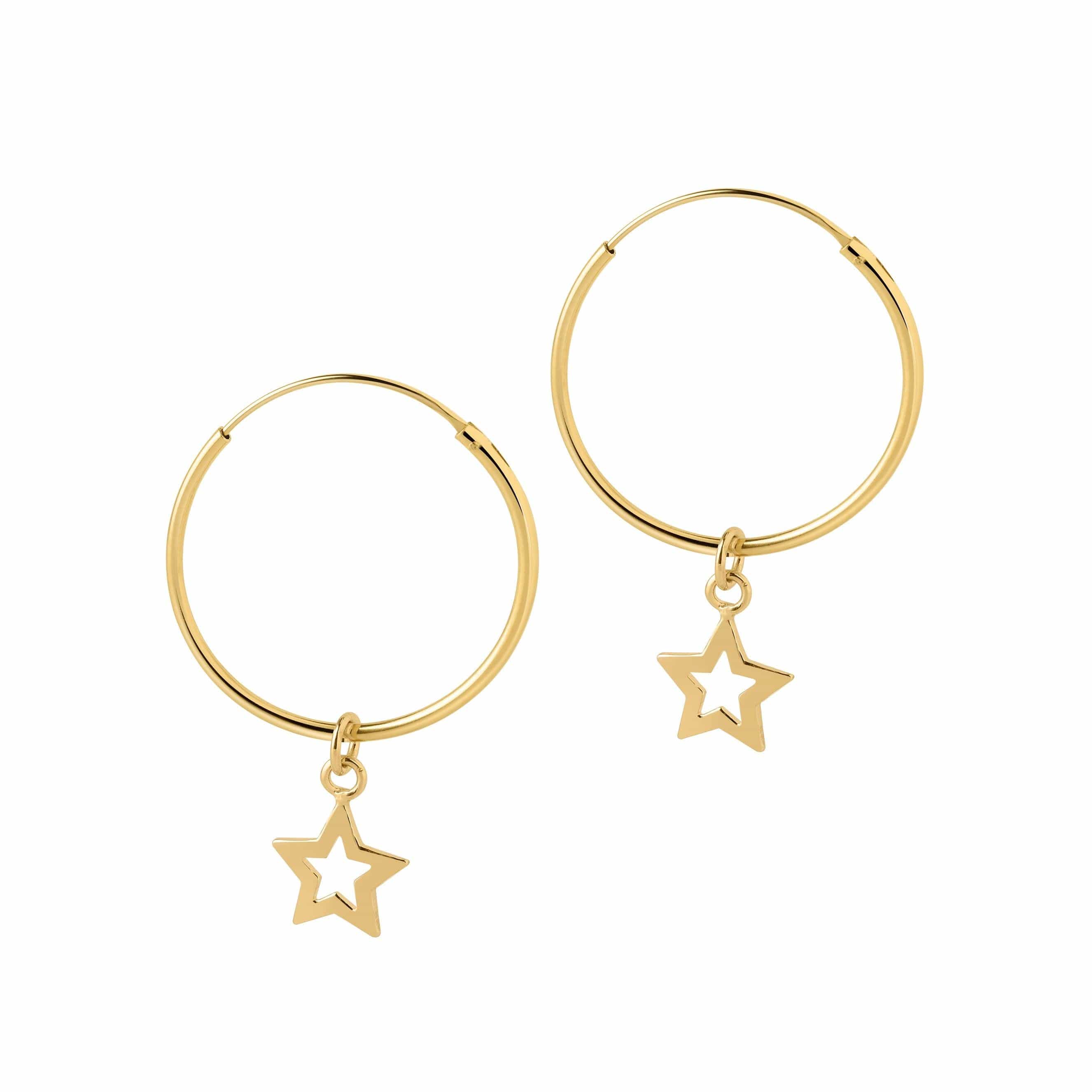 hoop earrings open star pendant gold plated 22mm