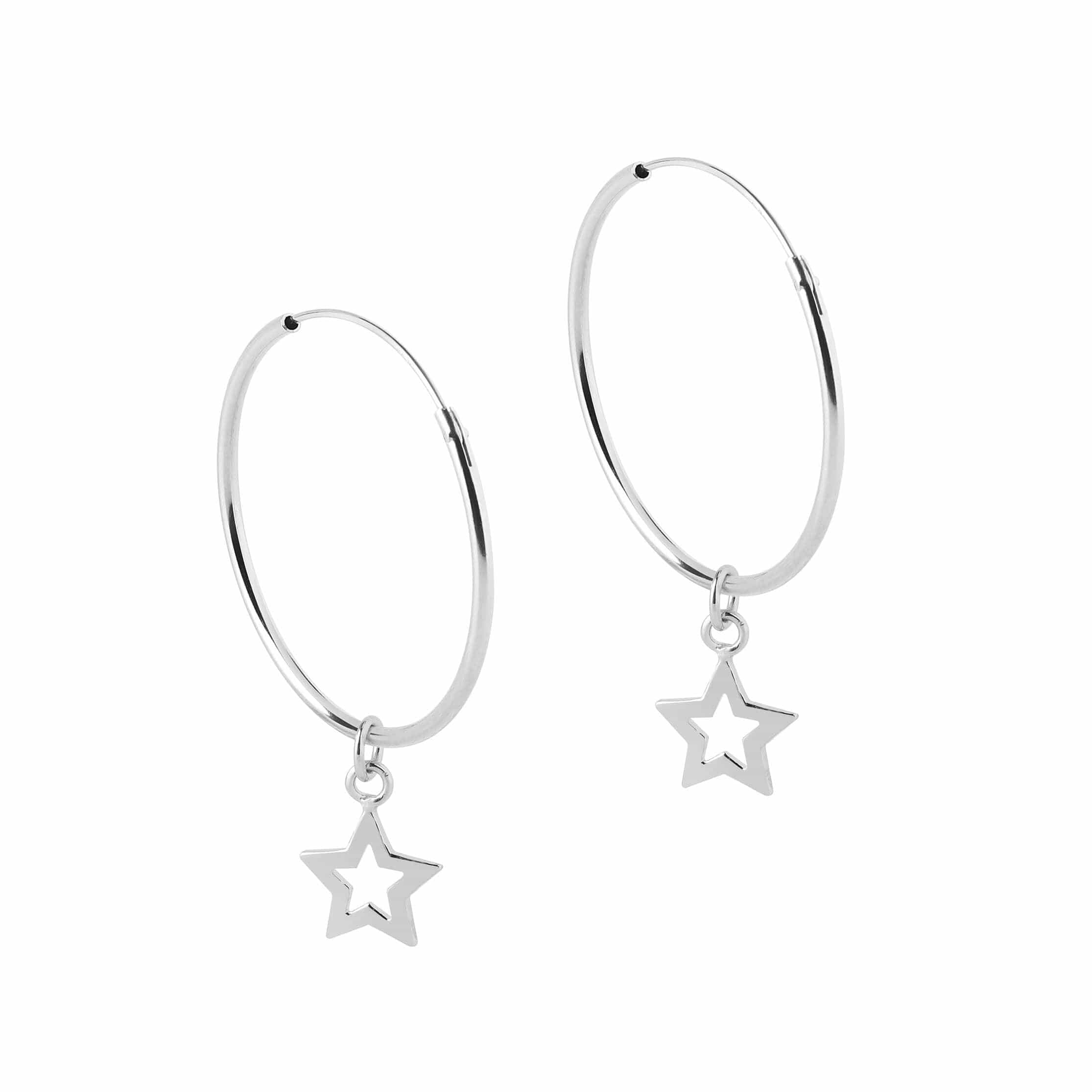 side view Hoop Earrings with Open Star Silver 22 MM
